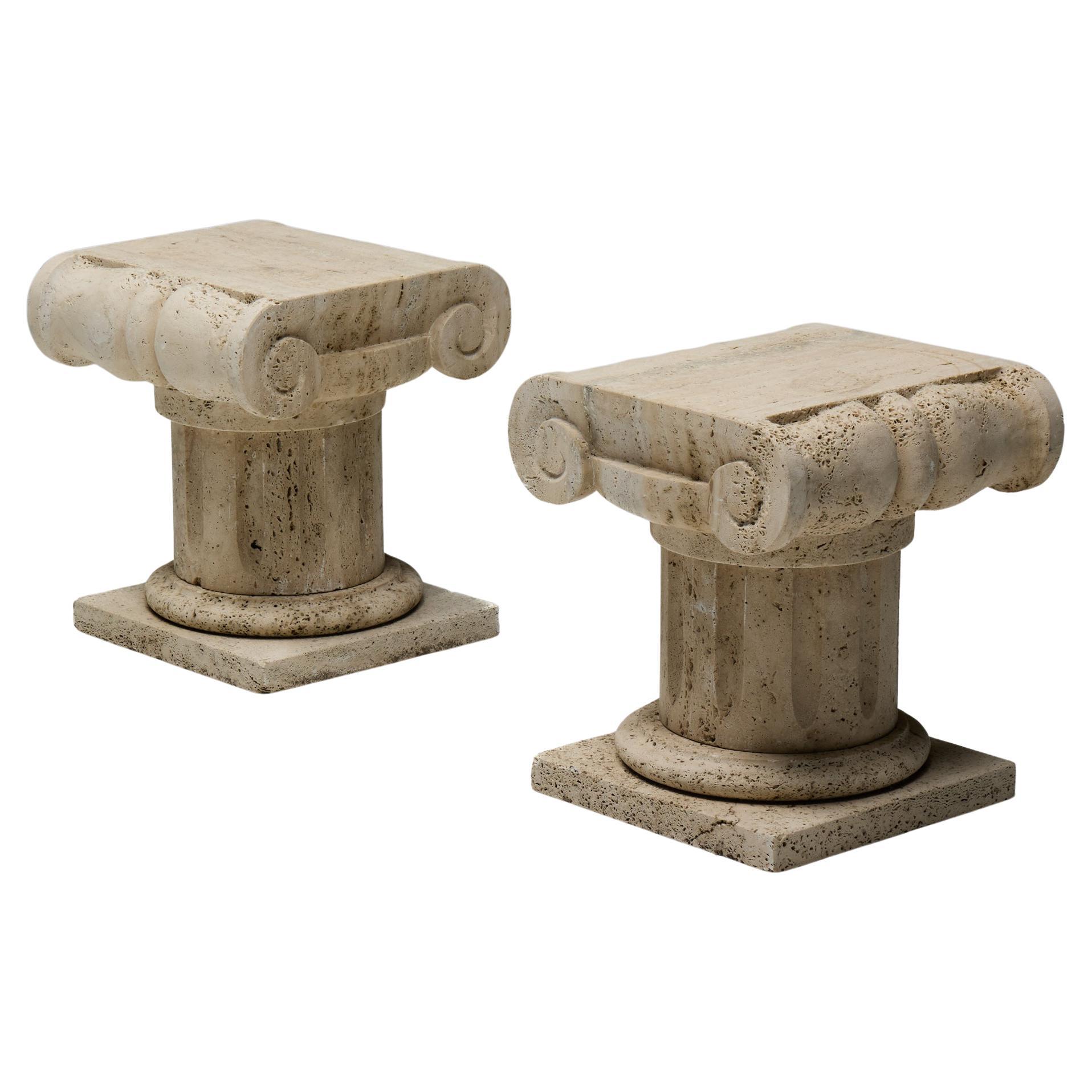 Travertine Ionic Pedestal Side Tables, Italy, Late 20th Century For Sale