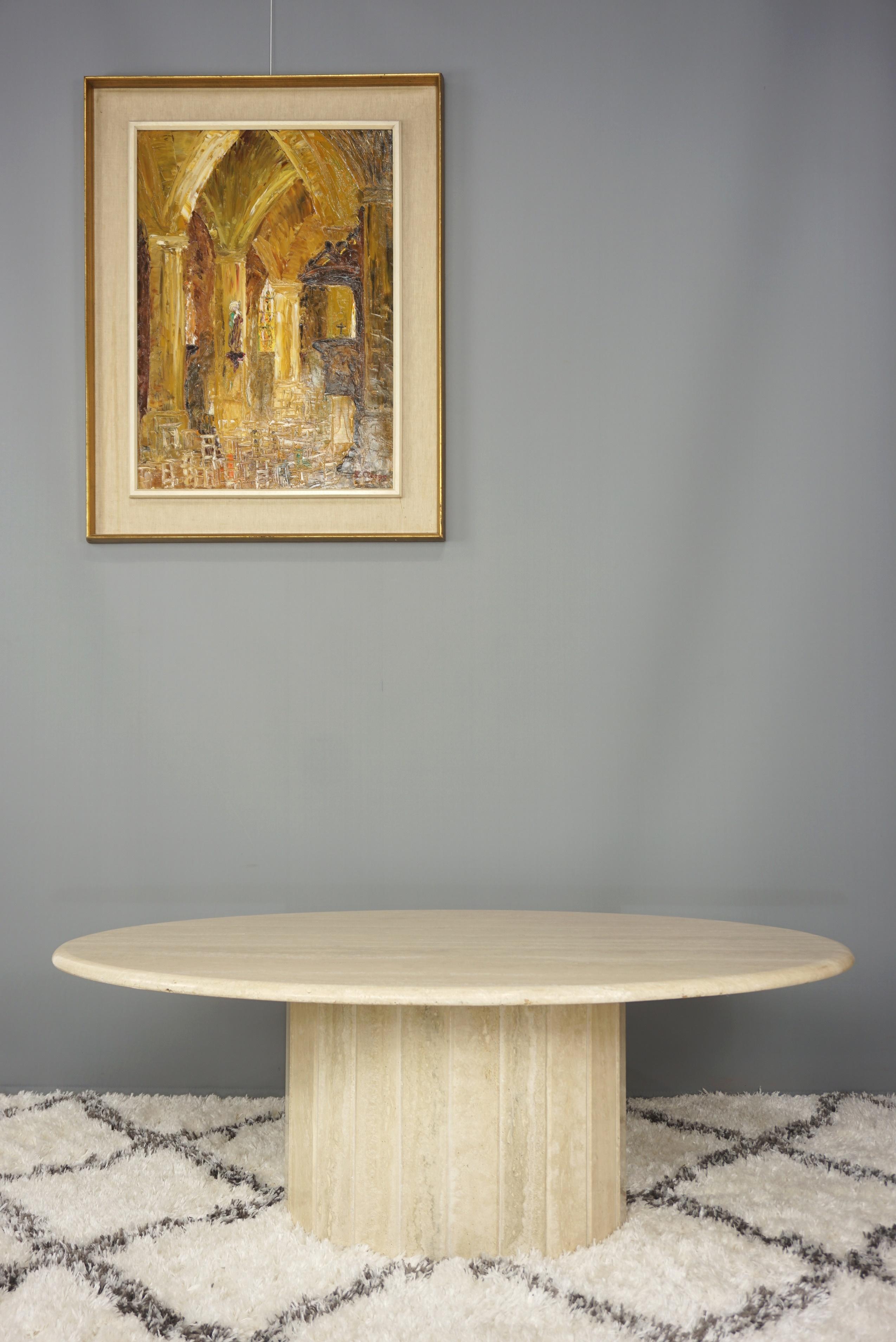 Travertine Italian Design Elliptical Coffee Table Hollywood Regency Style 3