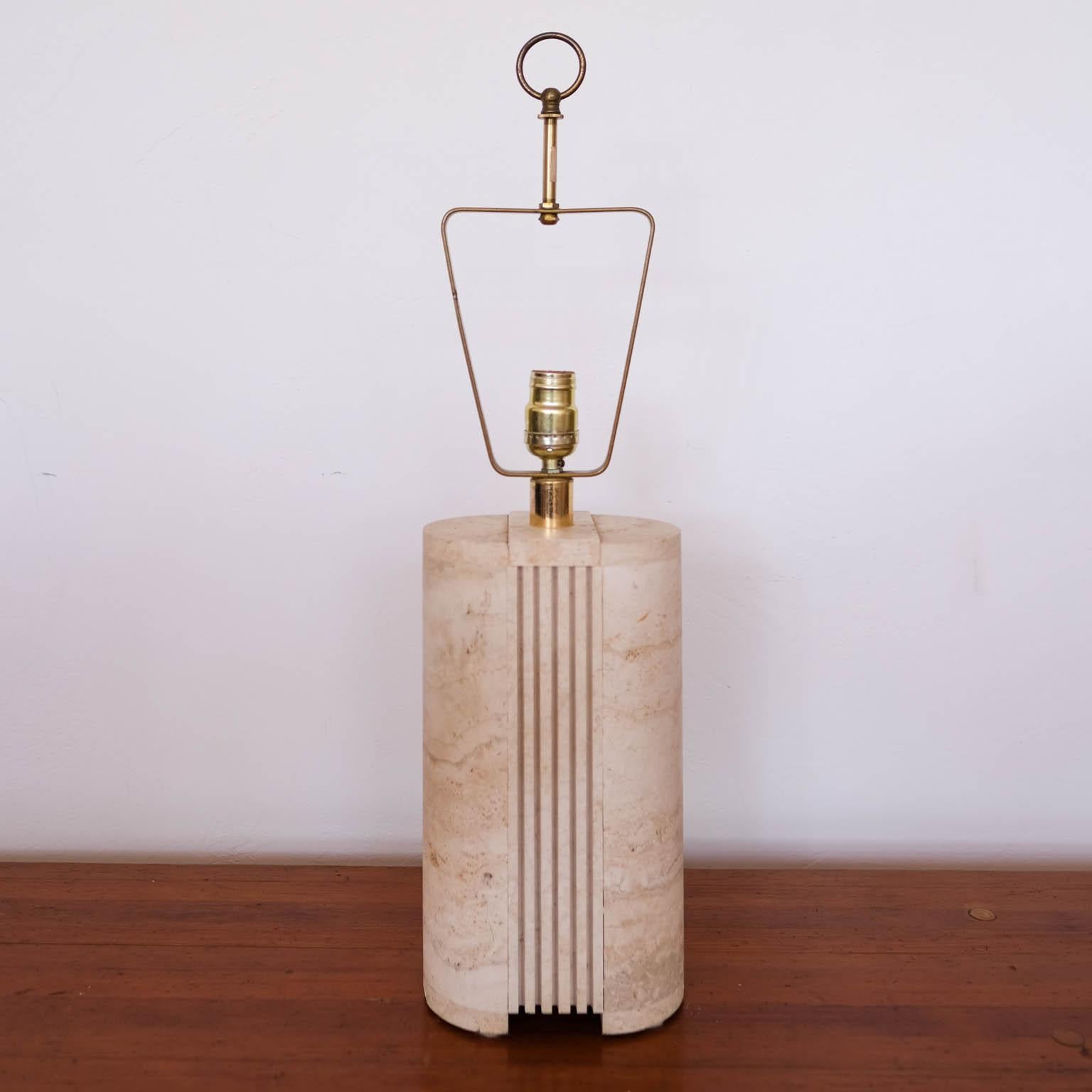 Travertine table lamp by Fratelli Manelli. Includes brass hardware. Inline dimmer switch. Shade is for display only. Italy, 1970s.
