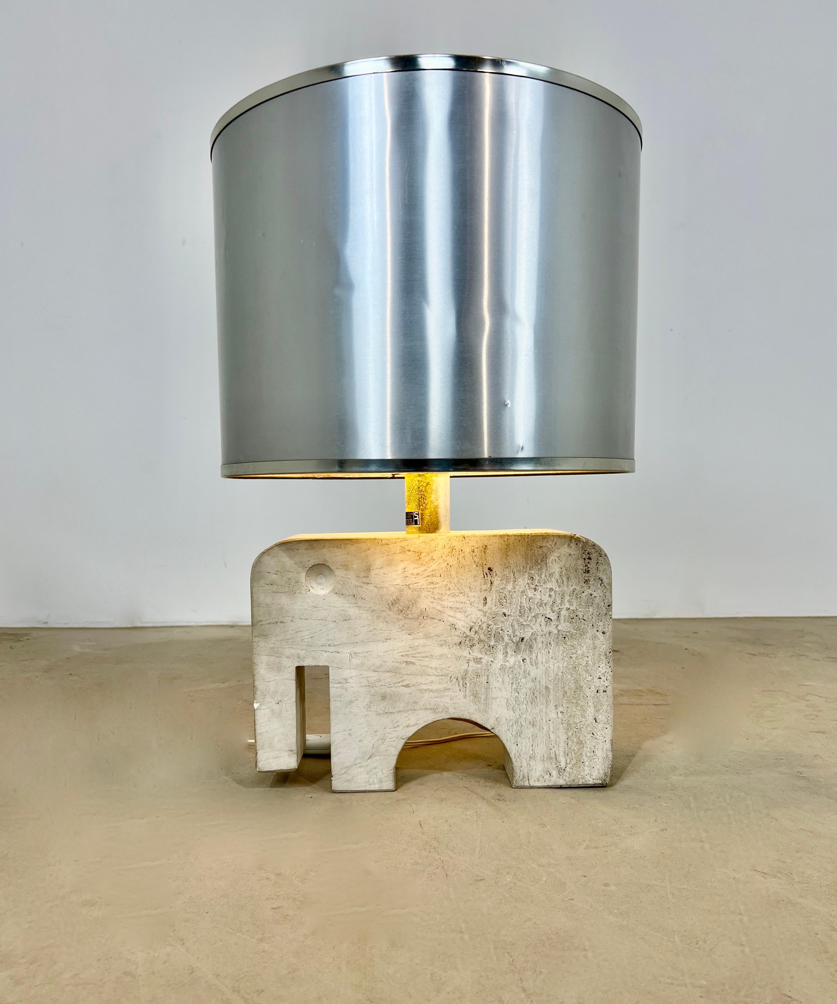 Elephant in travertine, metal lampshade. Wear due to time (see photo).