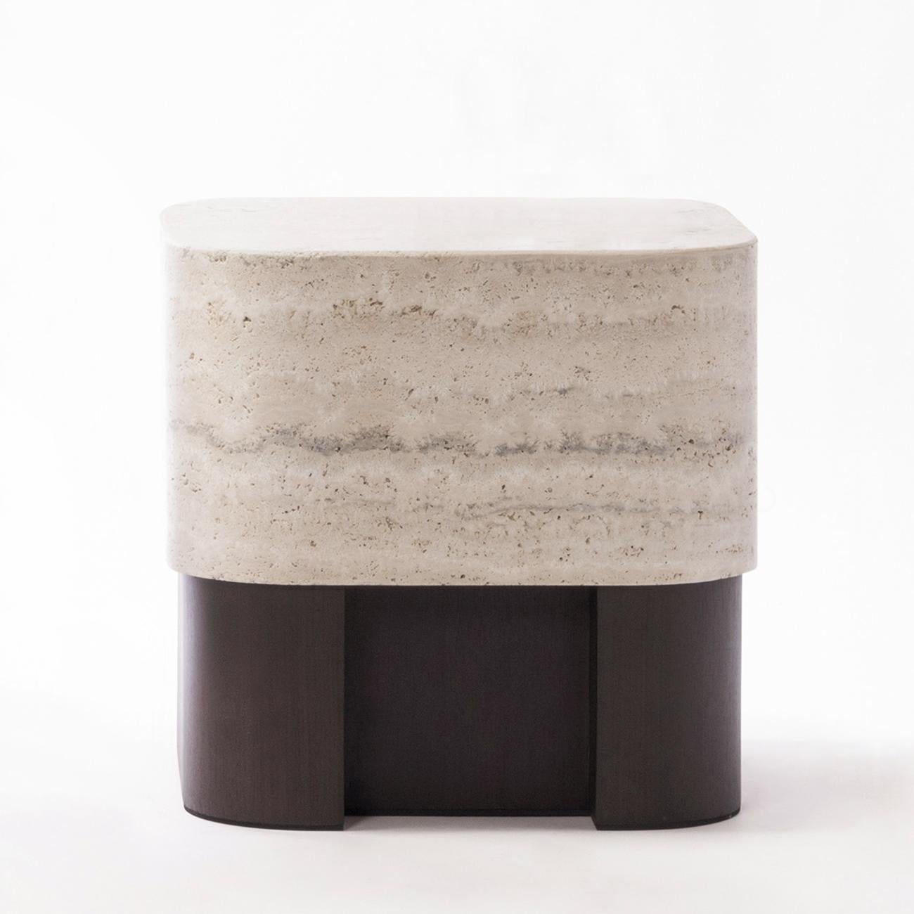 Side table travertine large with solid walnut 
base and with travertine carved marble top.