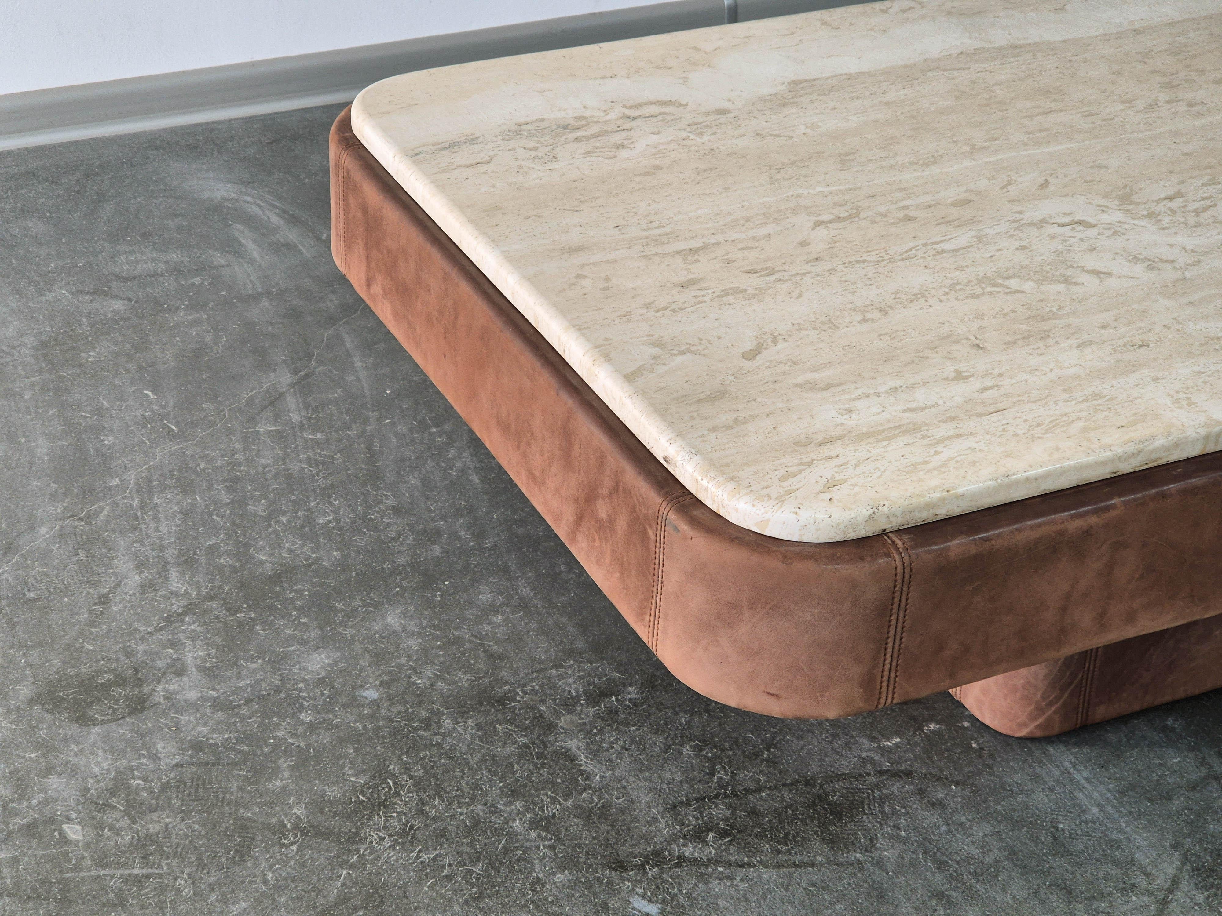 Mid-Century Modern Travertine & Leather Coffee Table De sede, 1980s