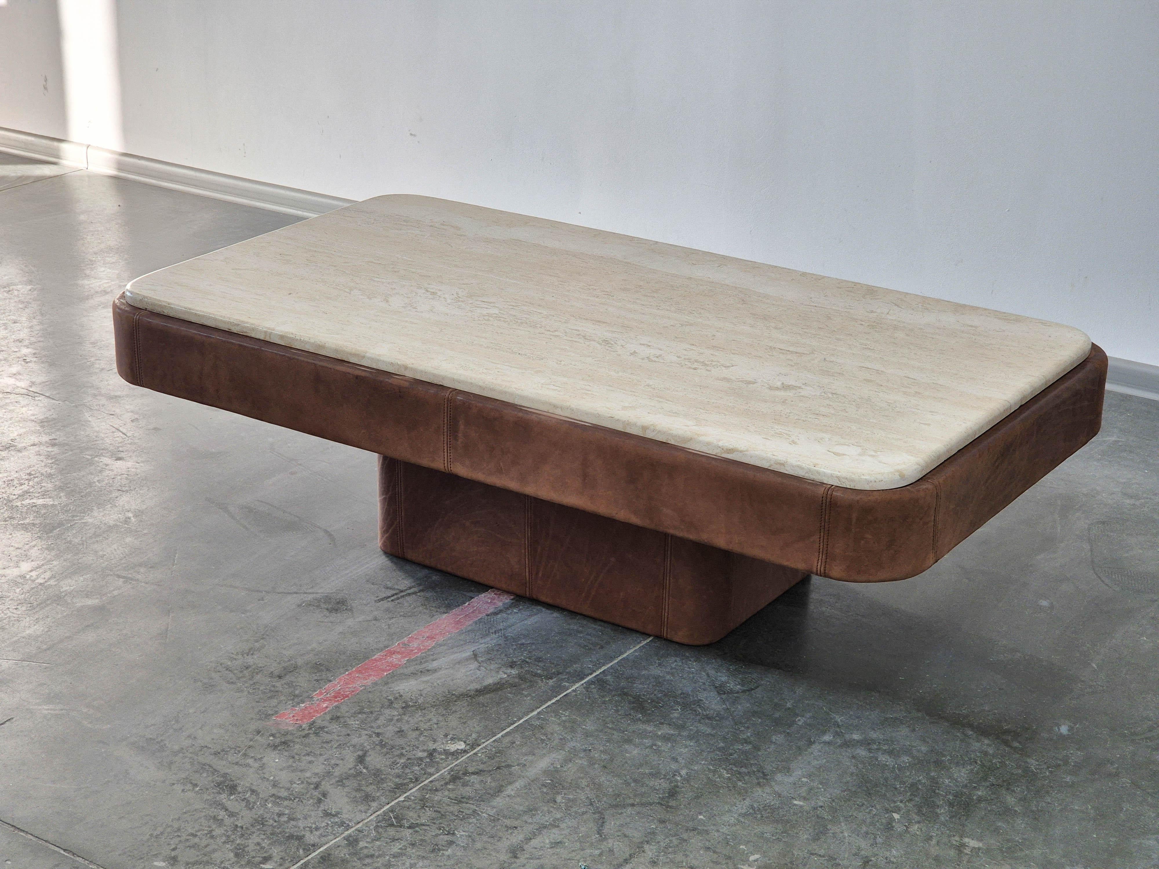 Swiss Travertine & Leather Coffee Table De sede, 1980s