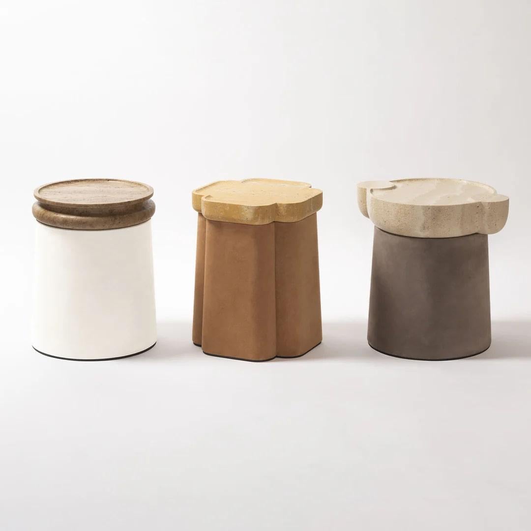Modern Travertine & Leather Side Table, Palladio by Stephane Parmentier for Giobagnara For Sale