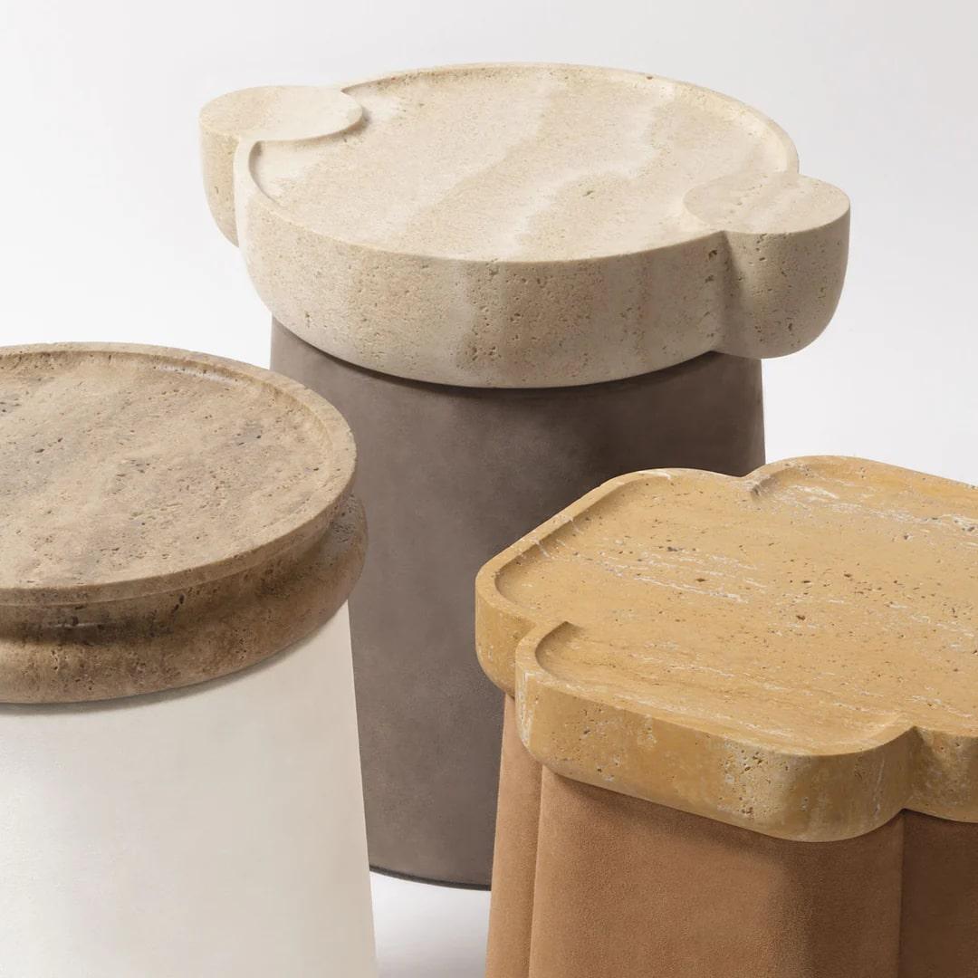 Italian Travertine & Leather Side Table, Palladio by Stephane Parmentier for Giobagnara For Sale