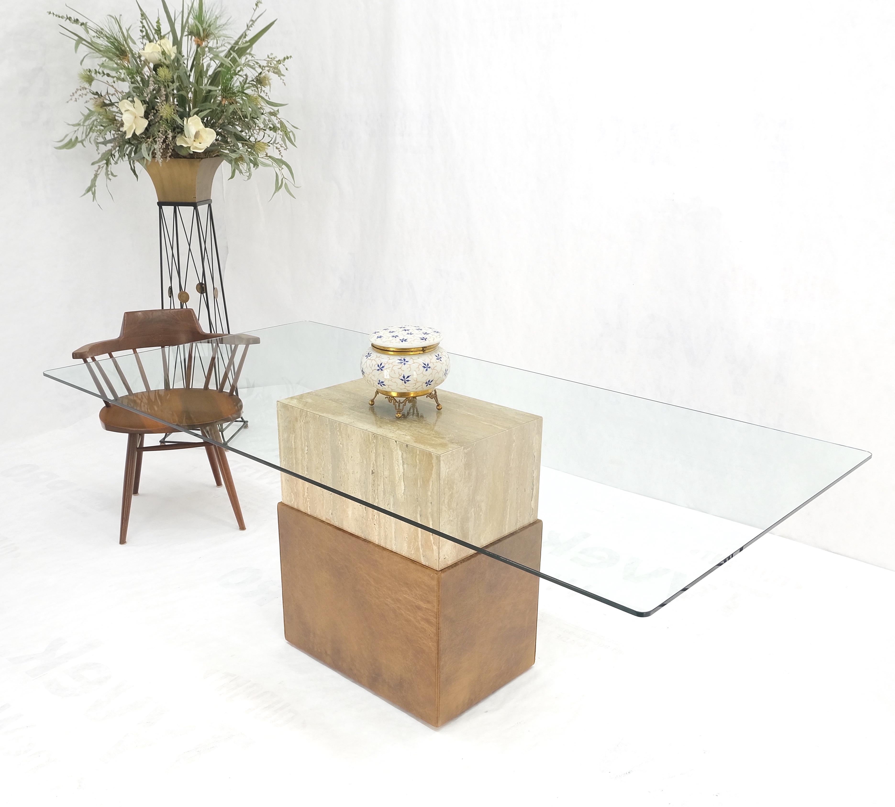 Travertine Leather Single Pedestal Glass Top Mid century Modern Rectangle Table  For Sale 6