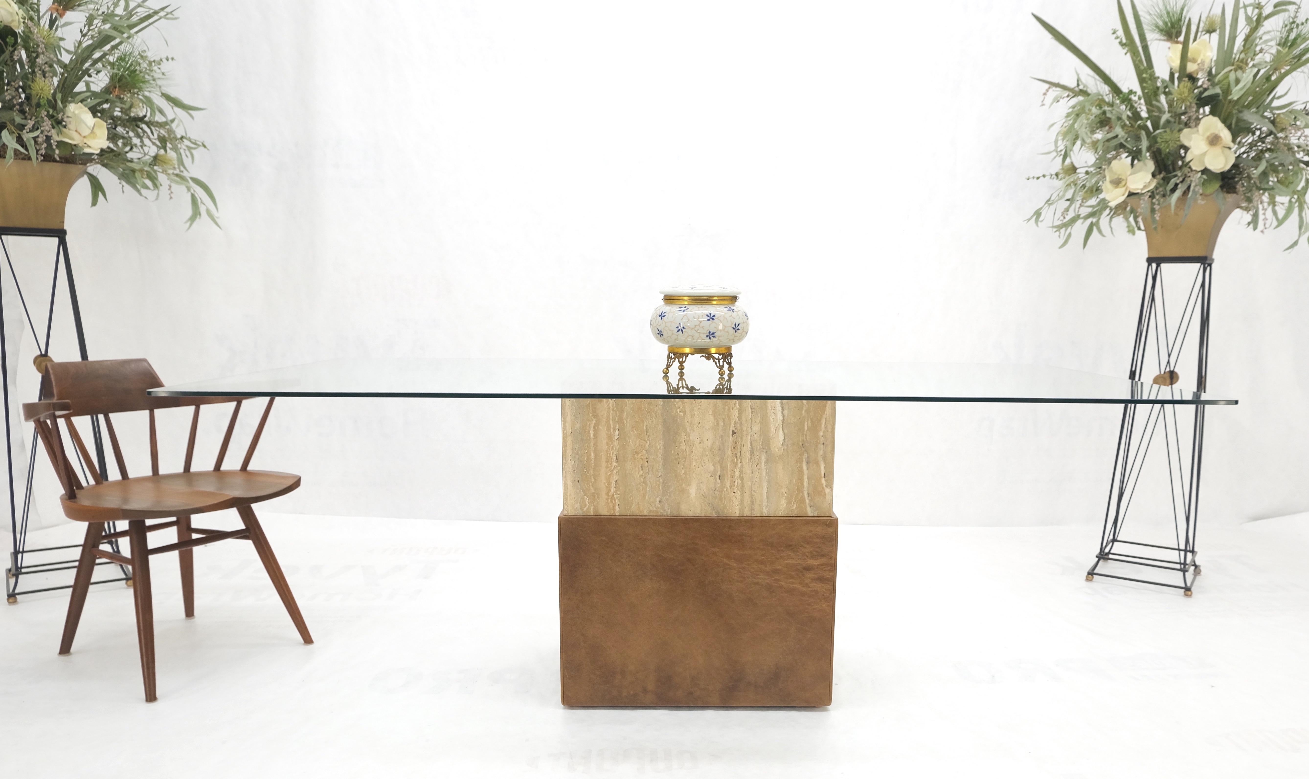 Travertine and Leather Single Pedestal Glass Top Italian Mid Century Modern Rectangle Dining Table MINT!