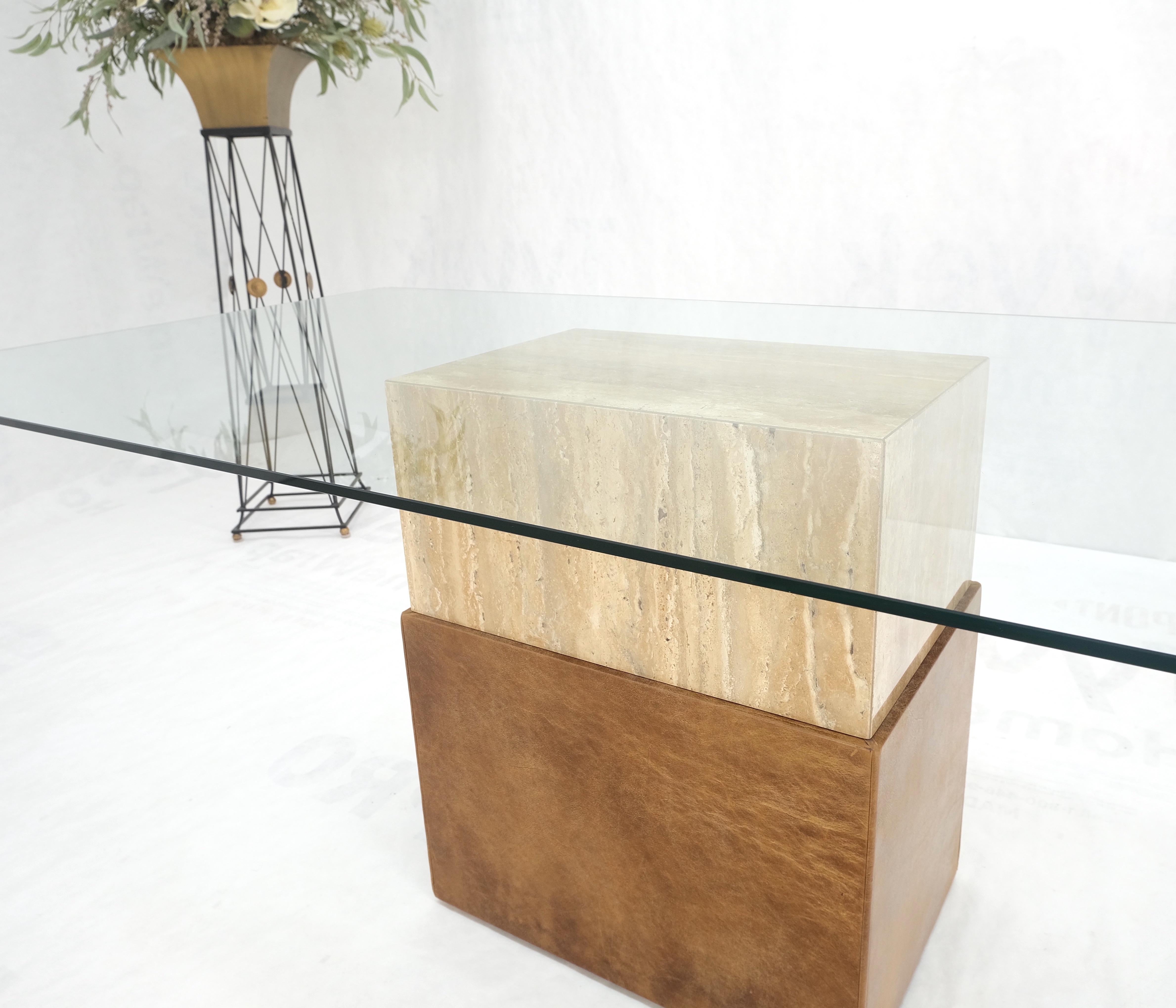 Mid-Century Modern Travertine Leather Single Pedestal Glass Top Mid century Modern Rectangle Table  For Sale