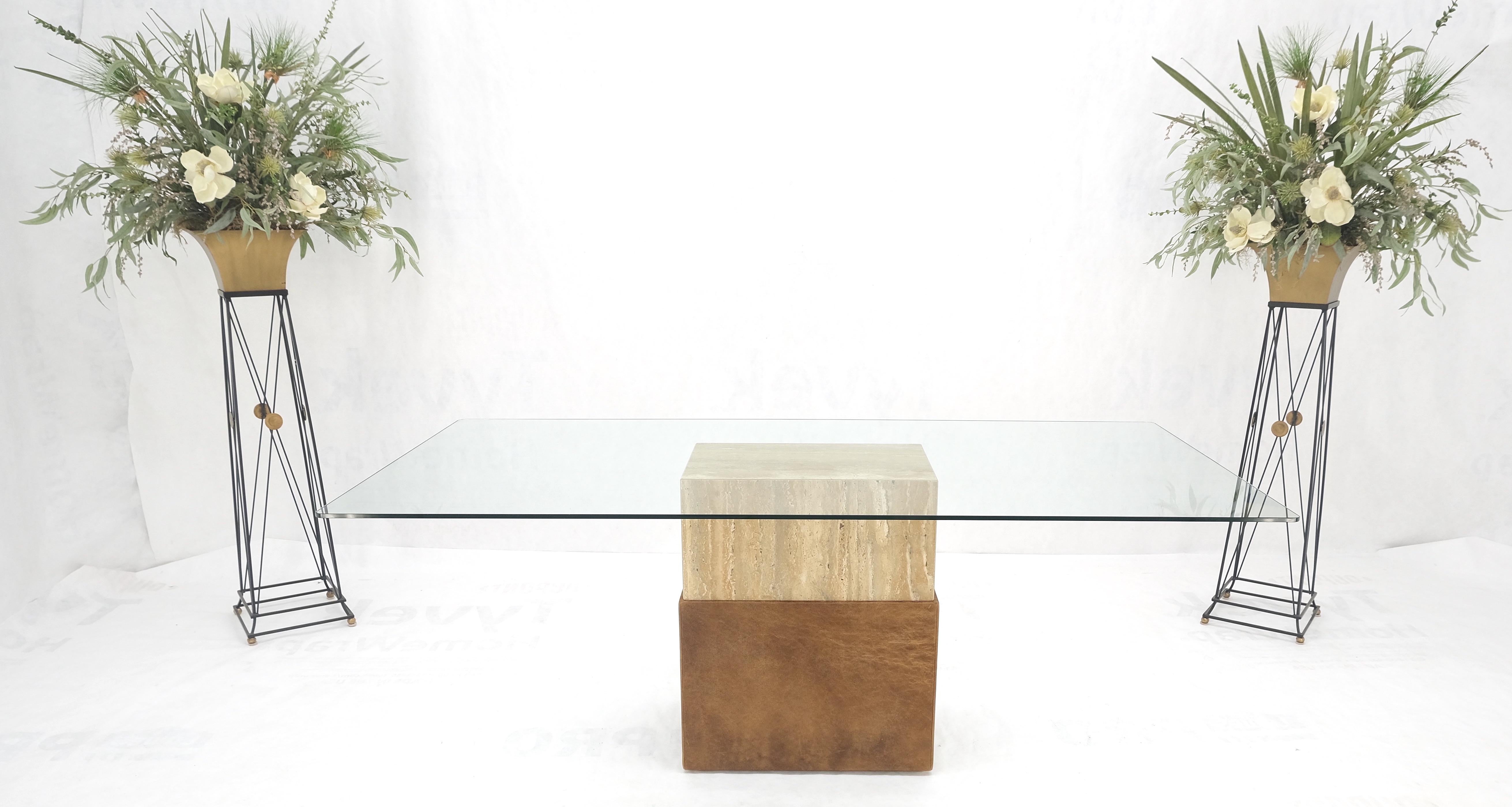 Italian Travertine Leather Single Pedestal Glass Top Mid century Modern Rectangle Table  For Sale