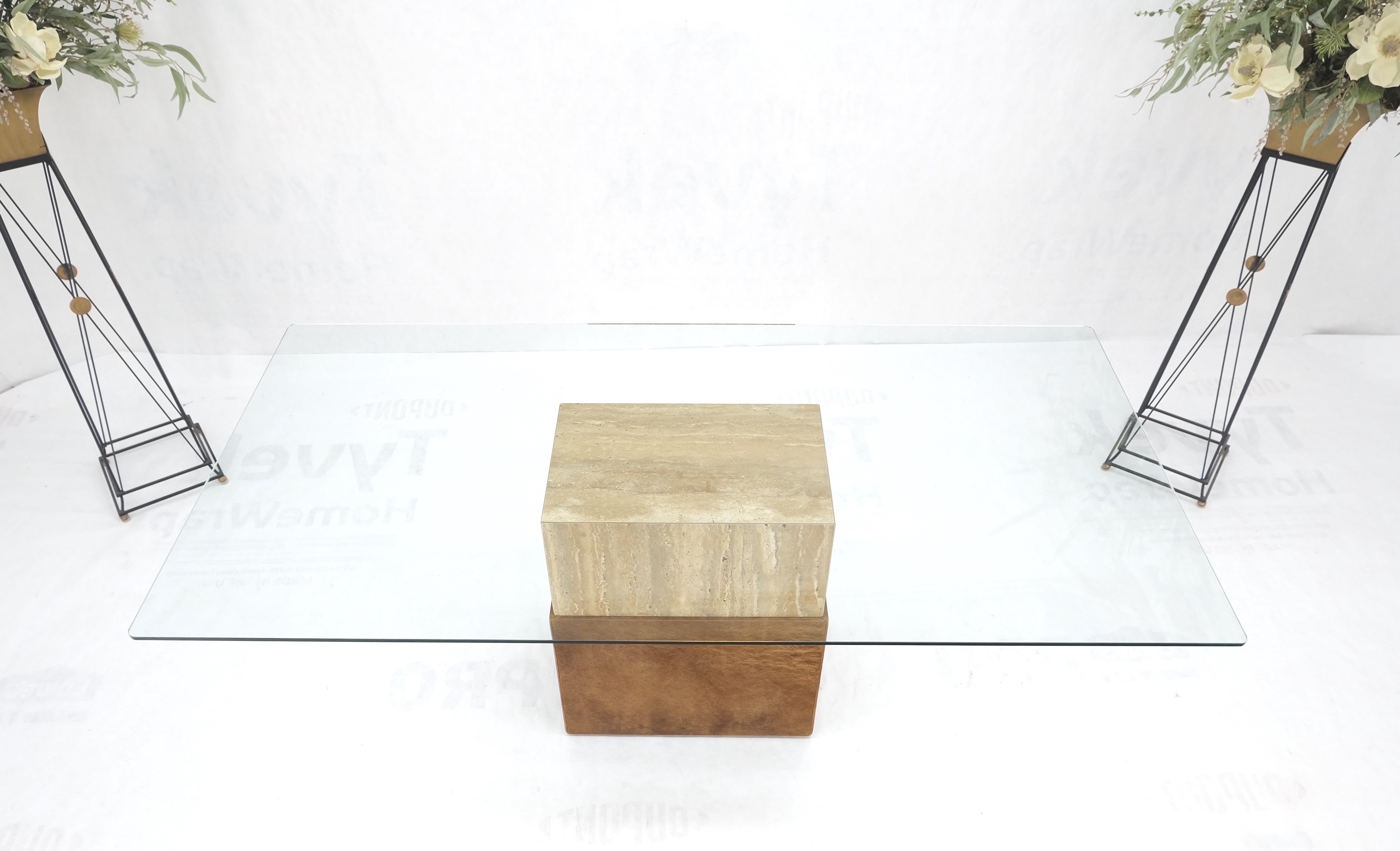 20th Century Travertine Leather Single Pedestal Glass Top Mid century Modern Rectangle Table  For Sale