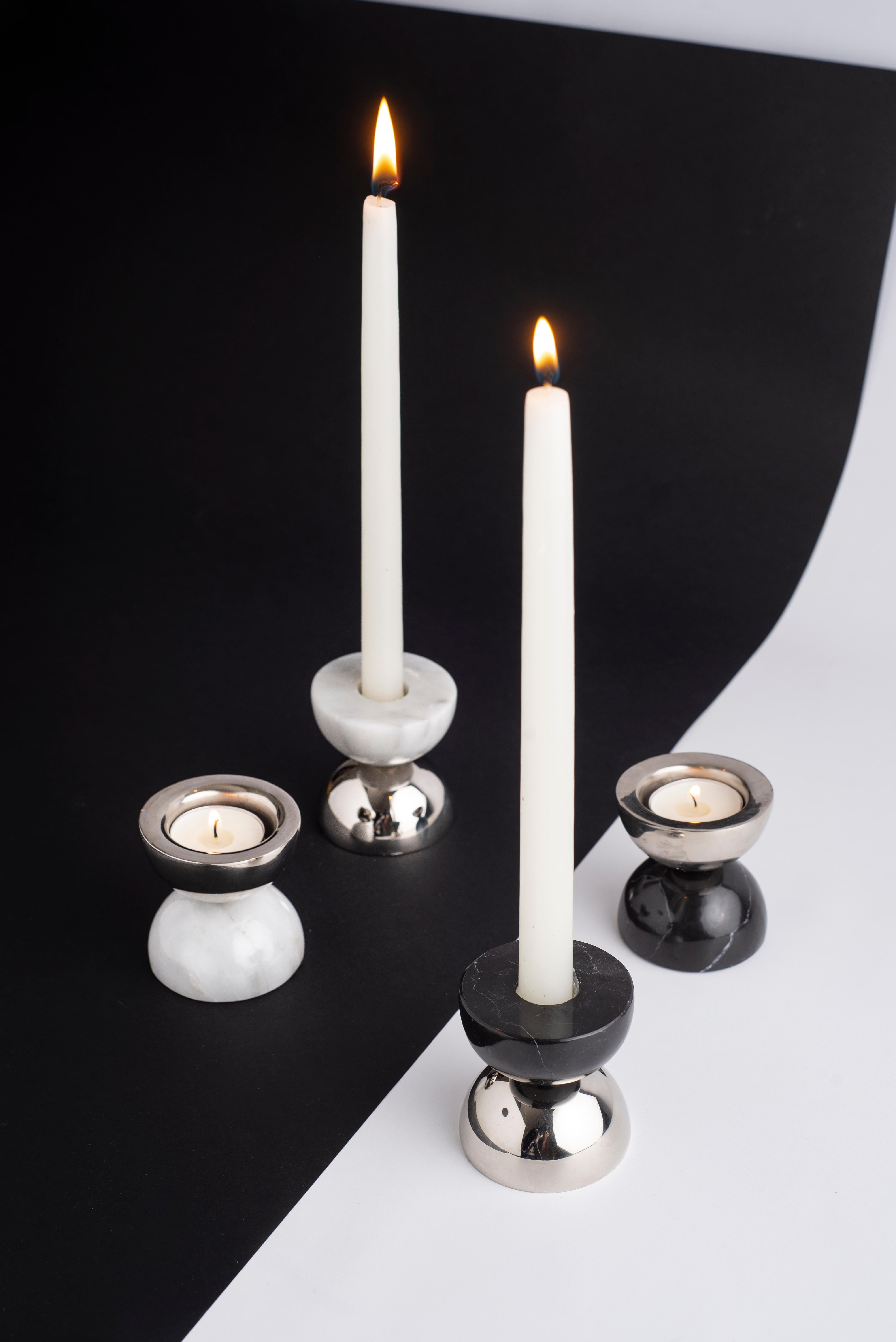Mexican Balance Travertine Marble & Nickeled-Brass Candle Holders For Sale