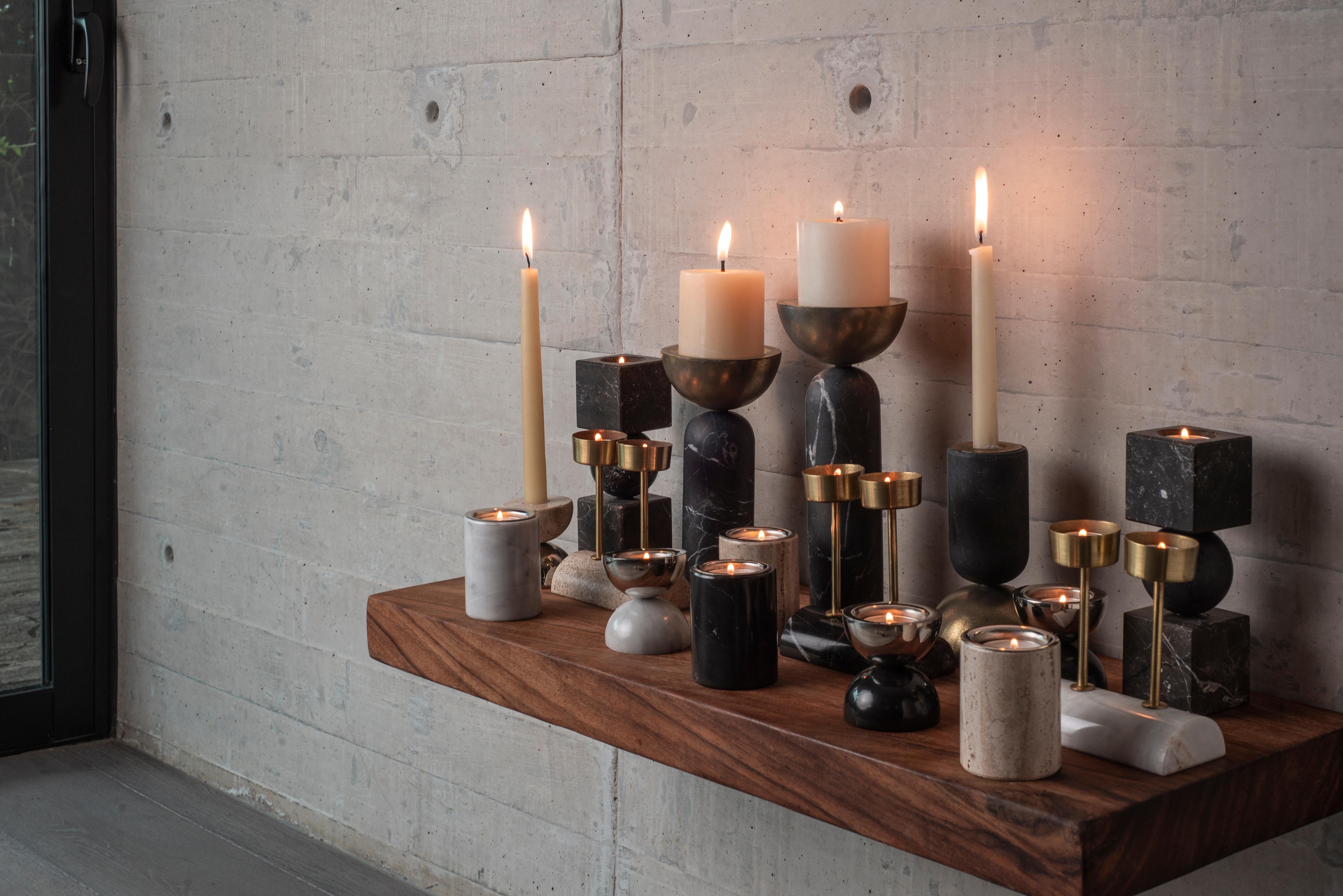 Modern Balance Travertine Marble & Nickeled-Brass Candle Holders