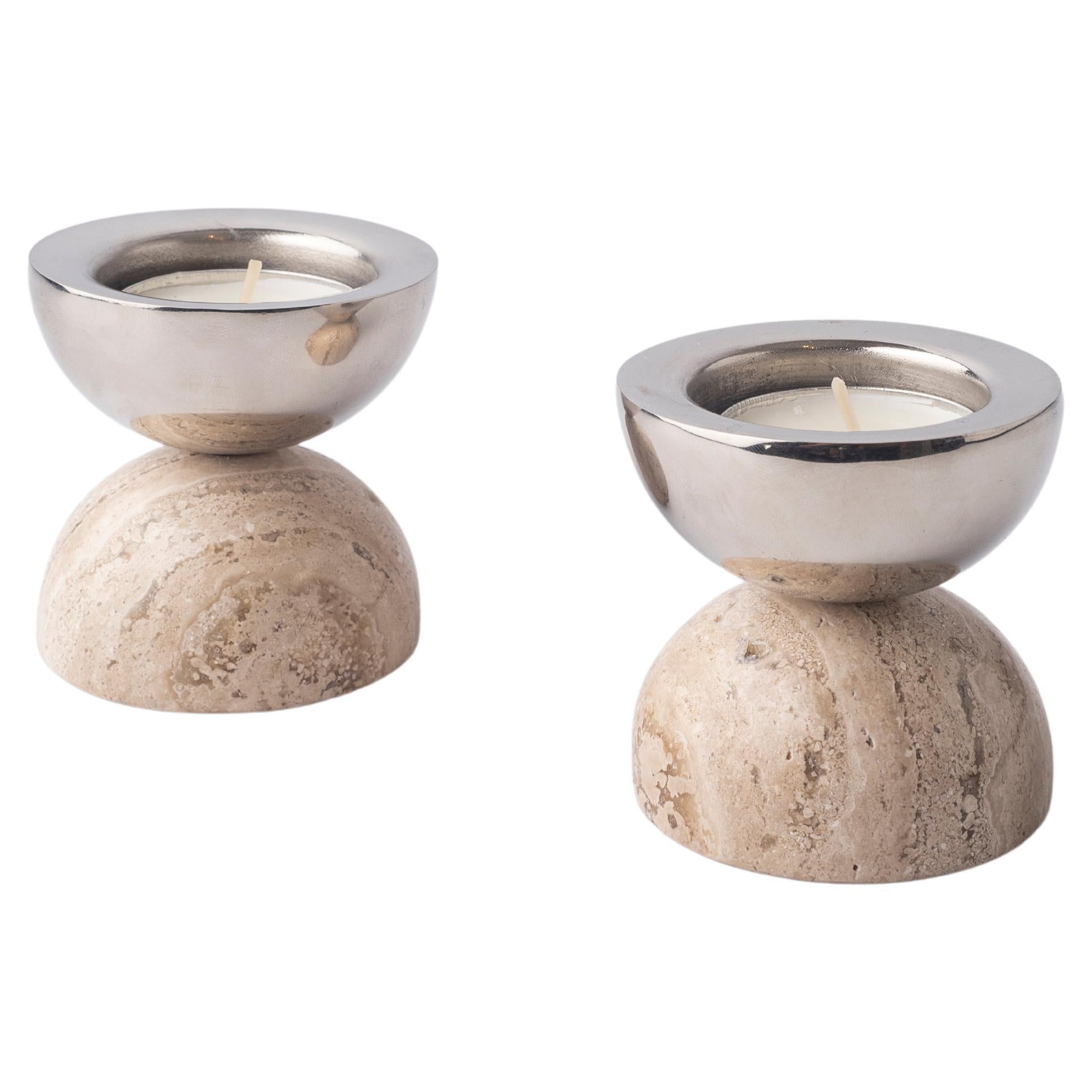Balance Travertine Marble & Nickeled-Brass Candle Holders