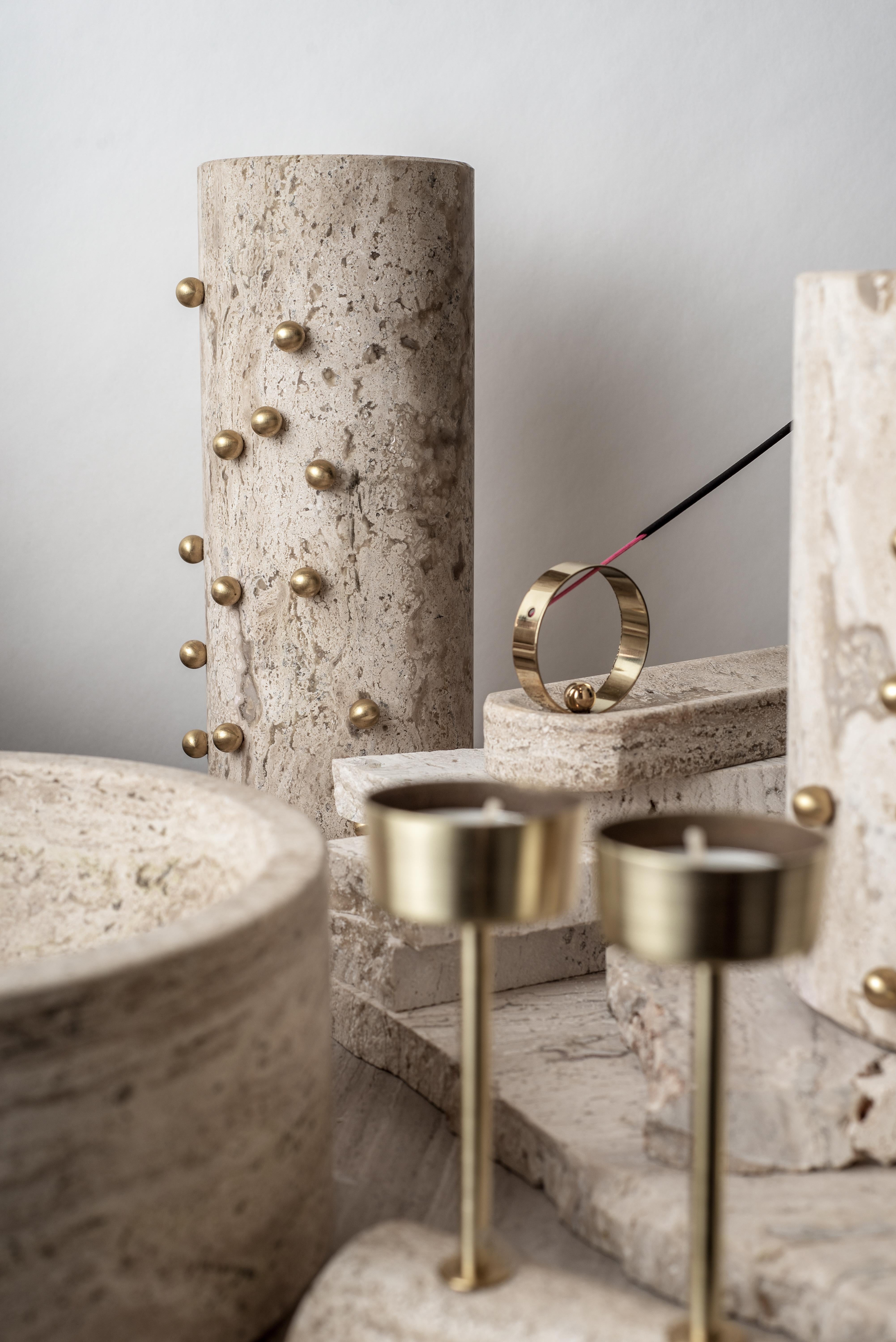 Contemporary Confetti Travertine Marble & Brass Tall Vase