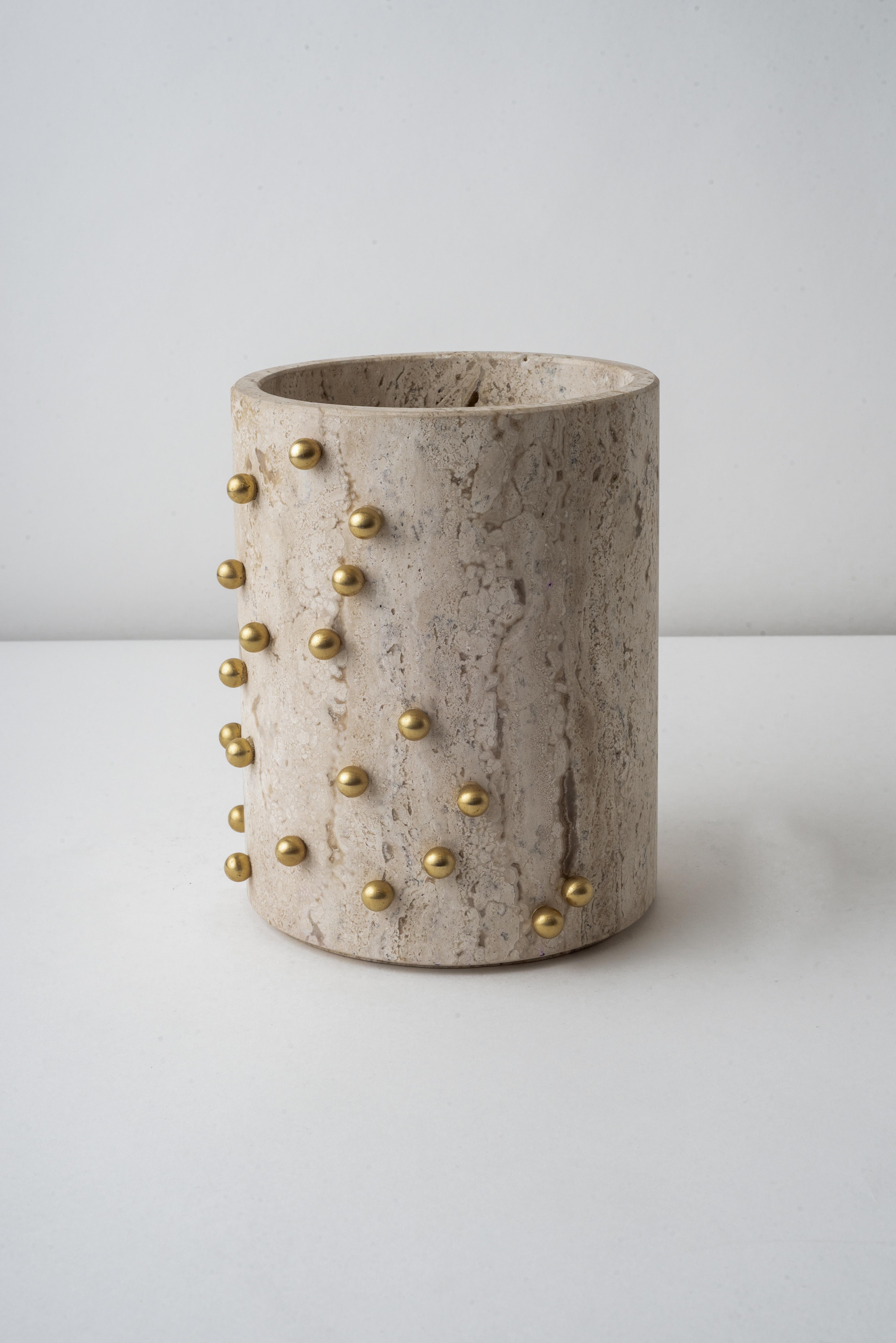 Carved Confetti Travertine Marble & Brass Wide Vase For Sale