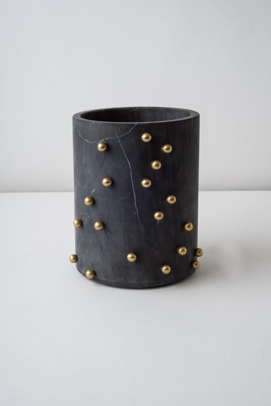 Confetti Travertine Marble & Brass Wide Vase For Sale 2