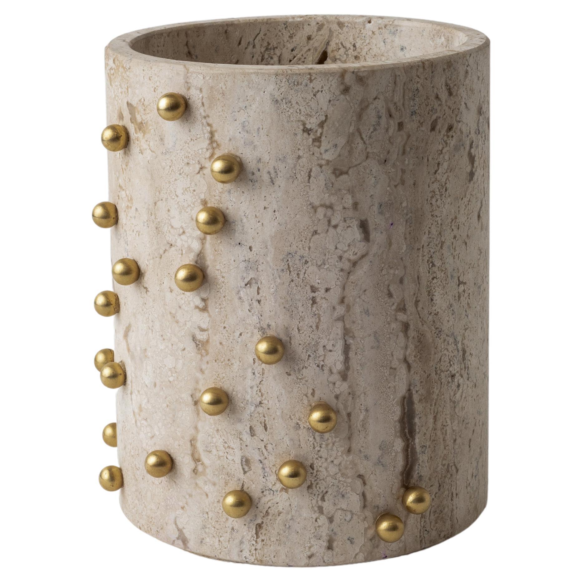 Confetti Travertine Marble & Brass Wide Vase For Sale