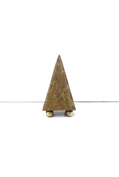 Travertine Marble and Brass Pyramid Decorative Object, circa 1970s