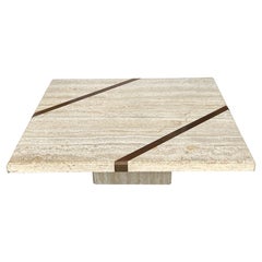Travertine Marble and Bronze Coffee Table Italy 1970s