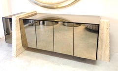 Travertine Marble and Bronze Mirror Sideboard Console, 1980s