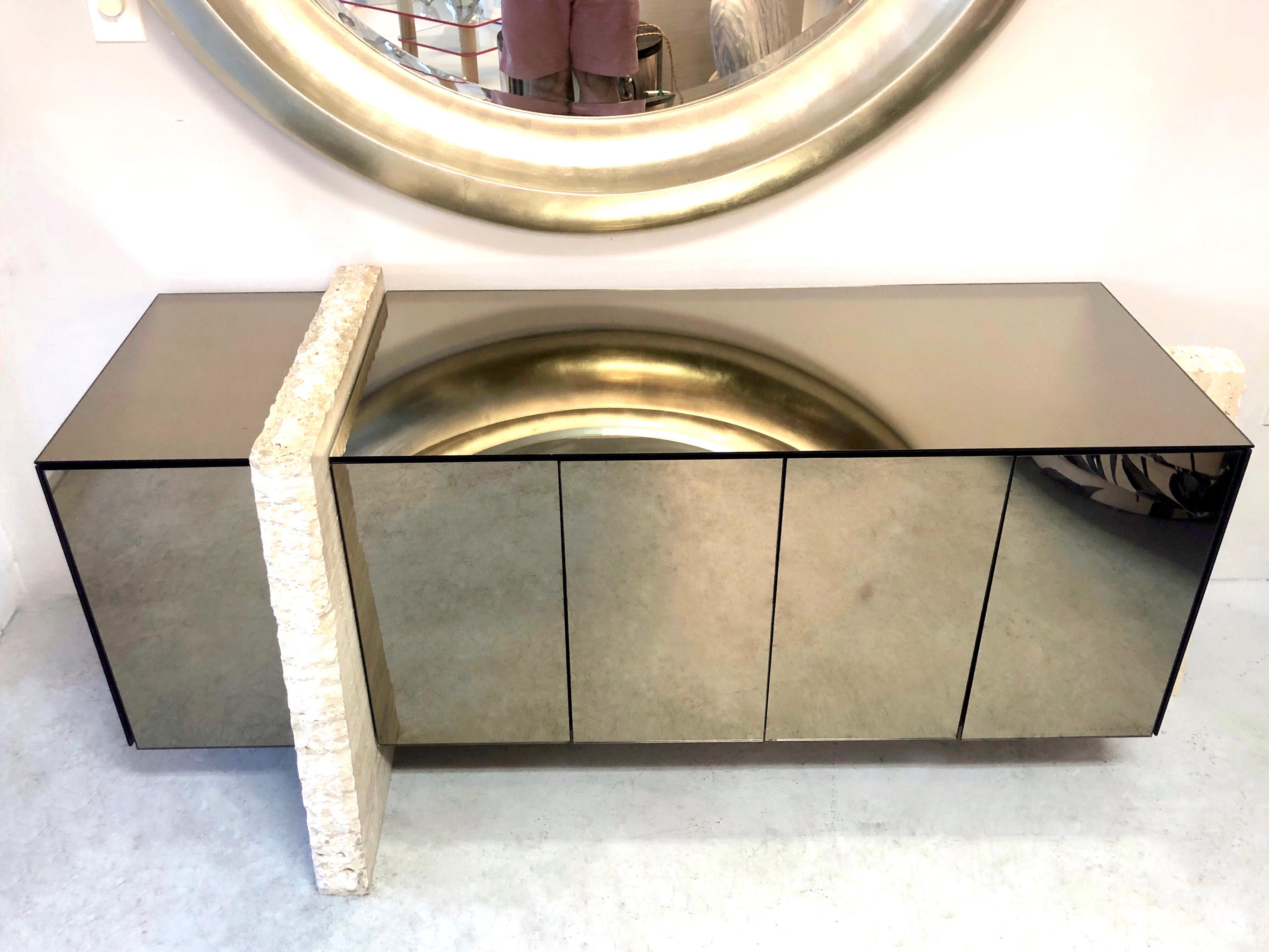 Italian Travertine Marble and Bronze Mirror Sideboard Console, 1980s