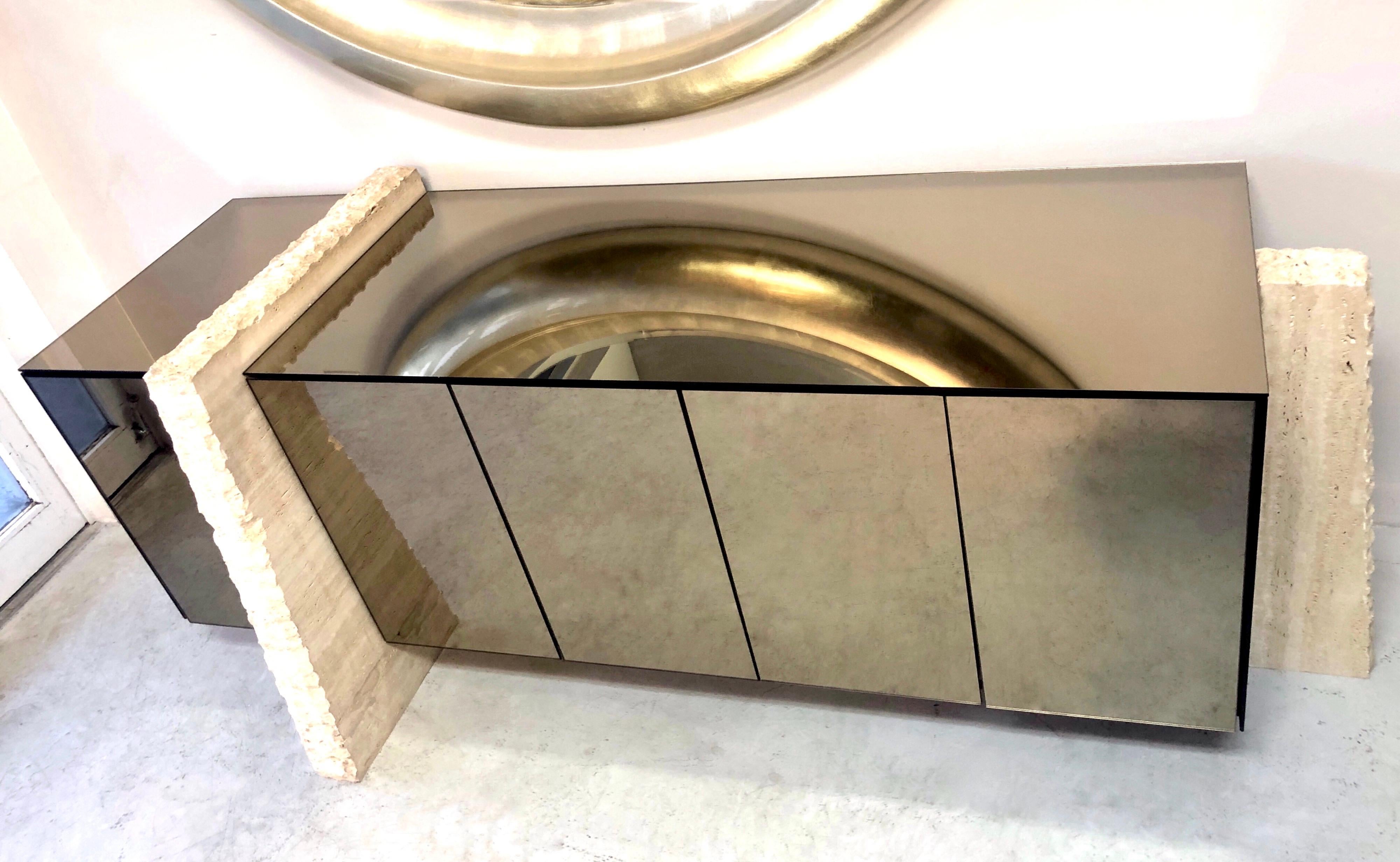 Travertine Marble and Bronze Mirror Sideboard Console, 1980s In Good Condition In Miami, FL