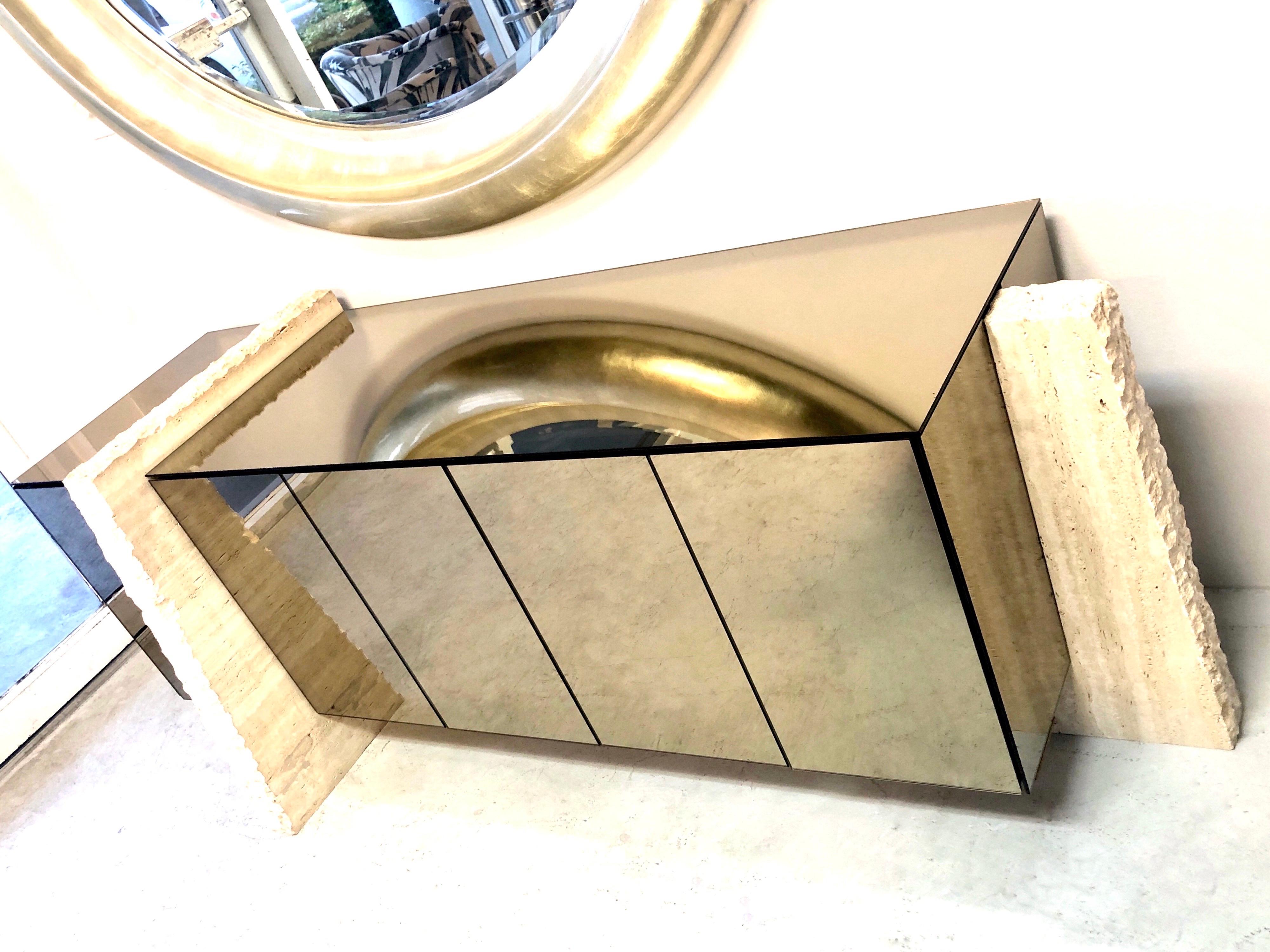 Travertine Marble and Bronze Mirror Sideboard Console, 1980s 1