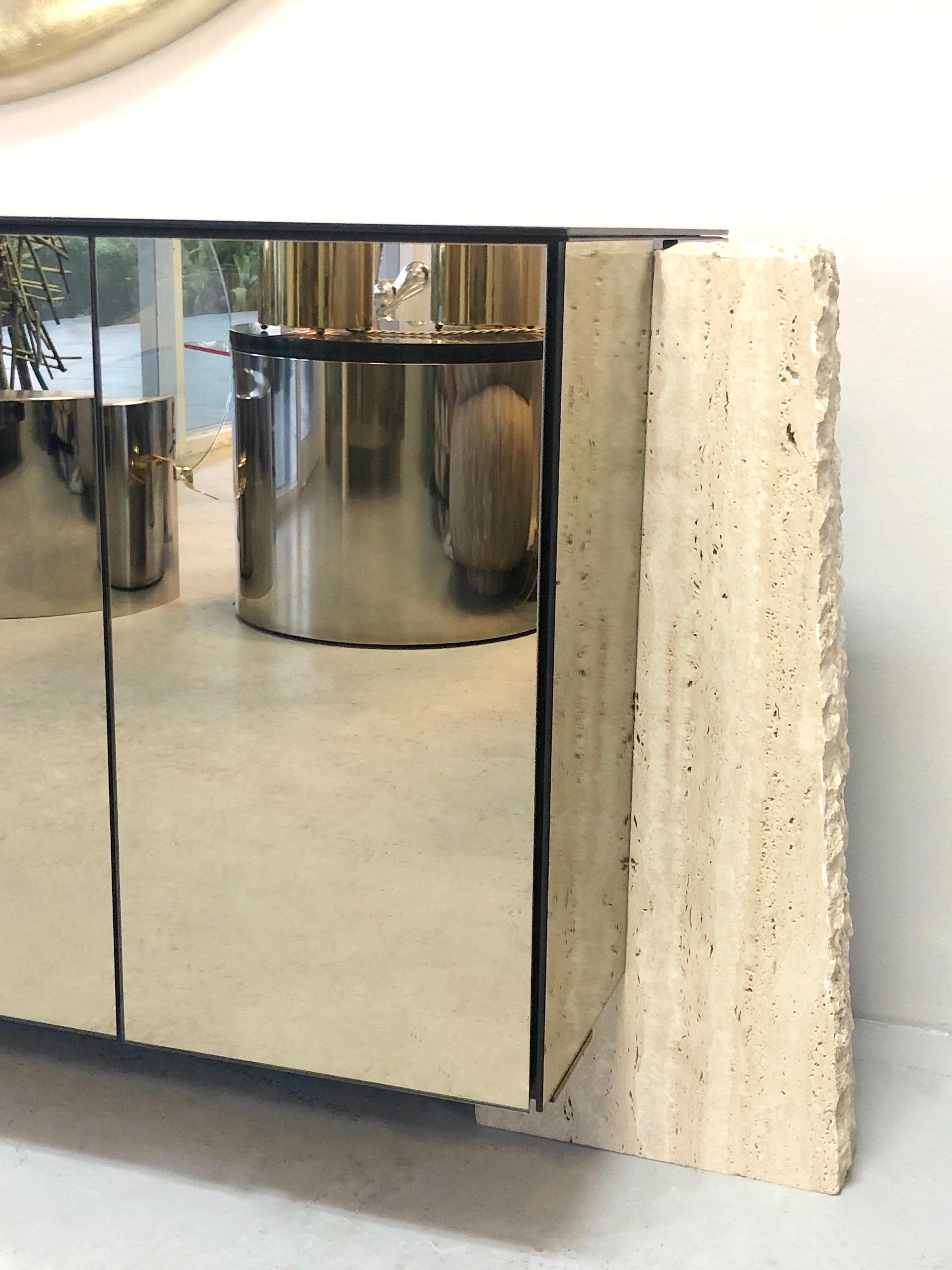 Travertine Marble and Bronze Mirror Sideboard Console, 1980s 2