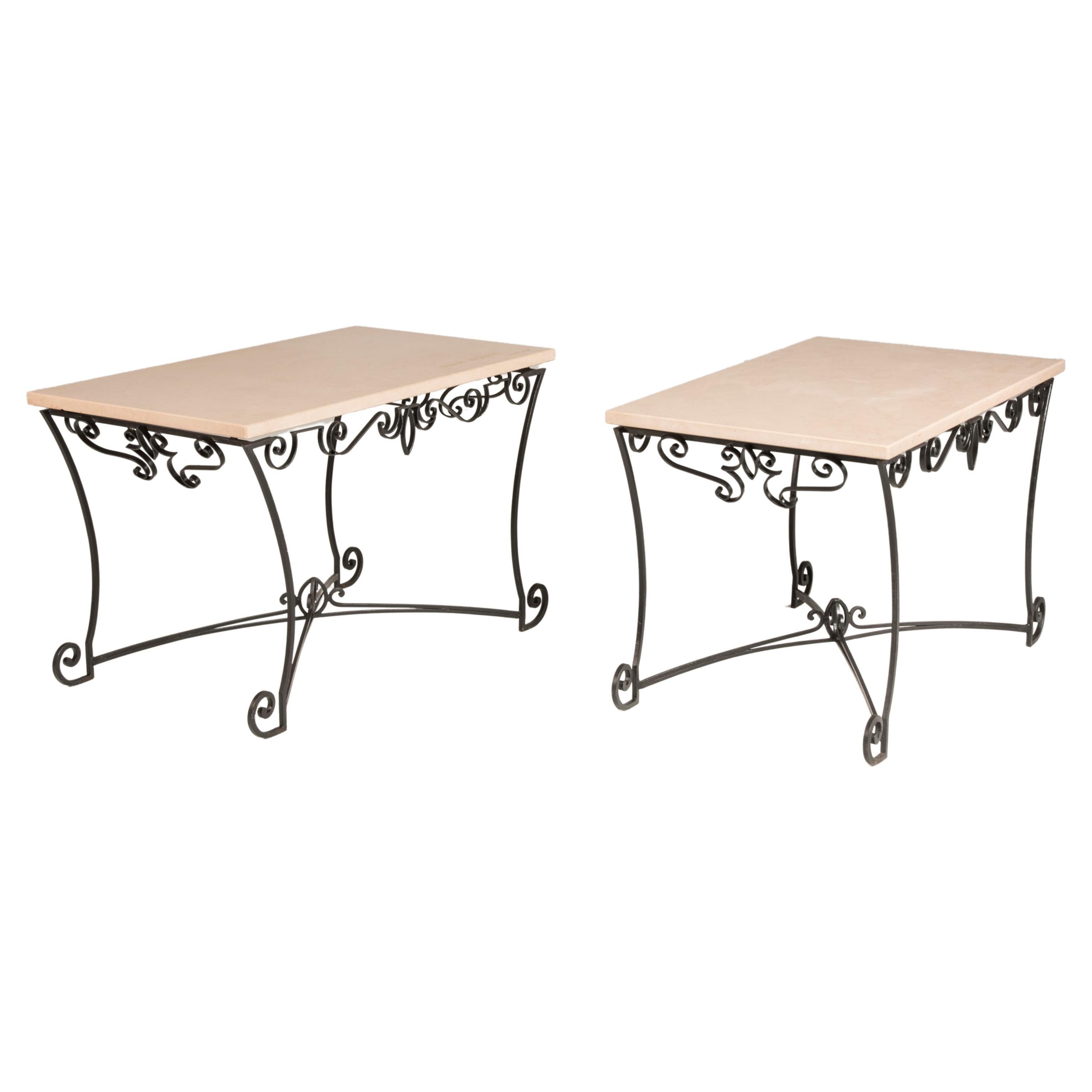 Travertine Marble and Wrought Iron Console Tables Set of Two