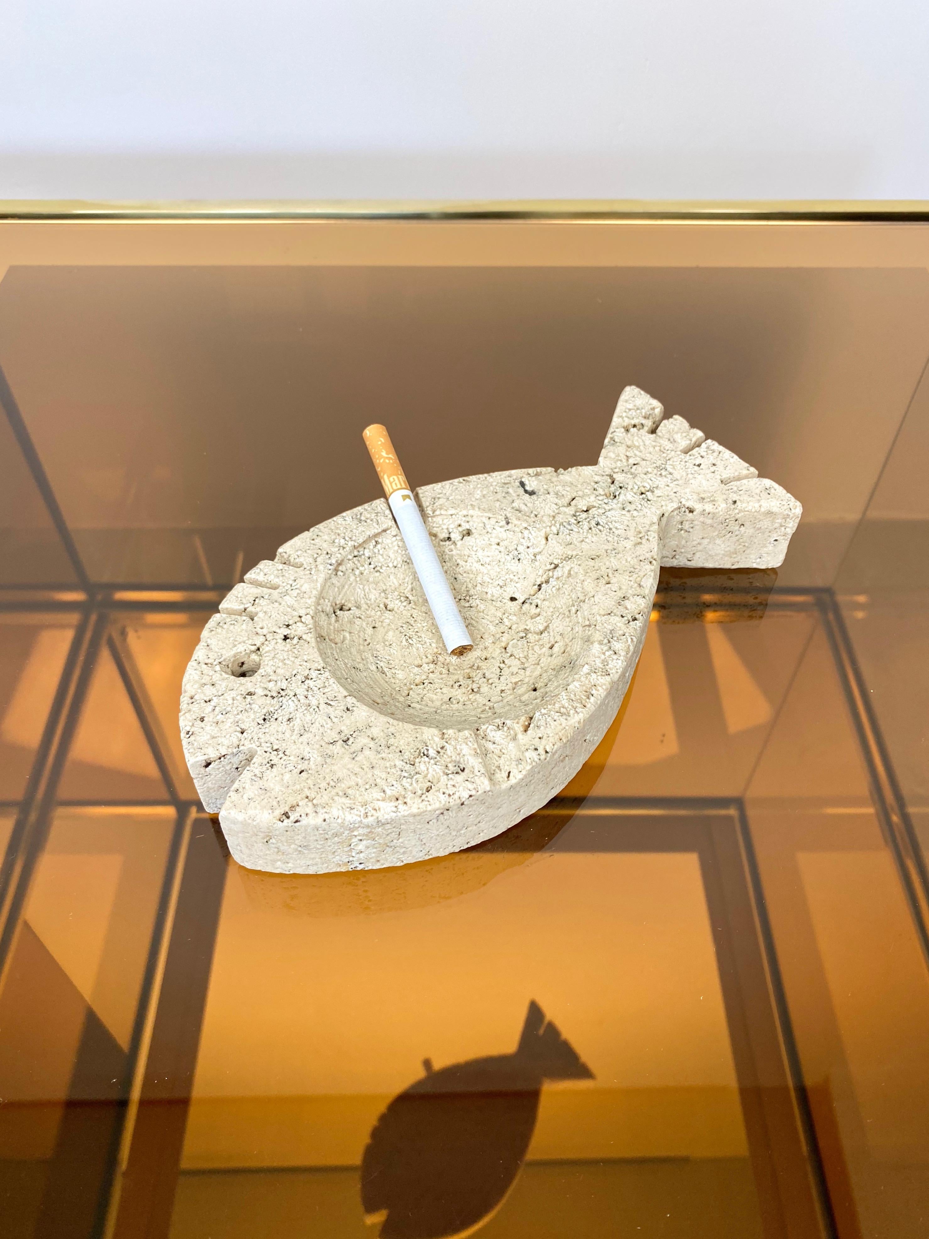 Mid-Century Modern Travertine Marble Ashtray Fish Attributed to Fratelli Mannelli, Italy, 1970s For Sale