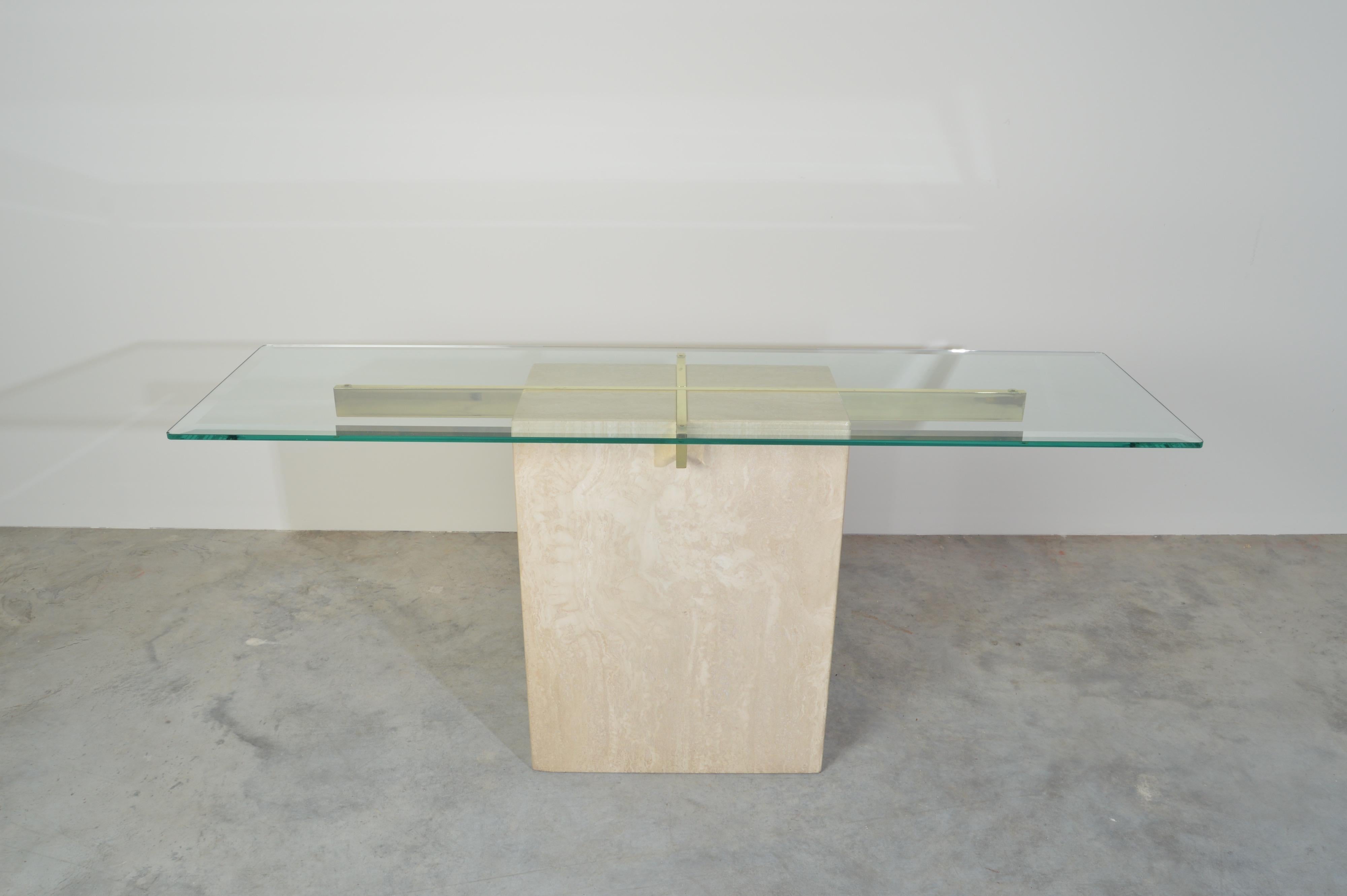 Console table by Artedi having travertine base with brass glass supports, circa 1980.
Very nice condition.
