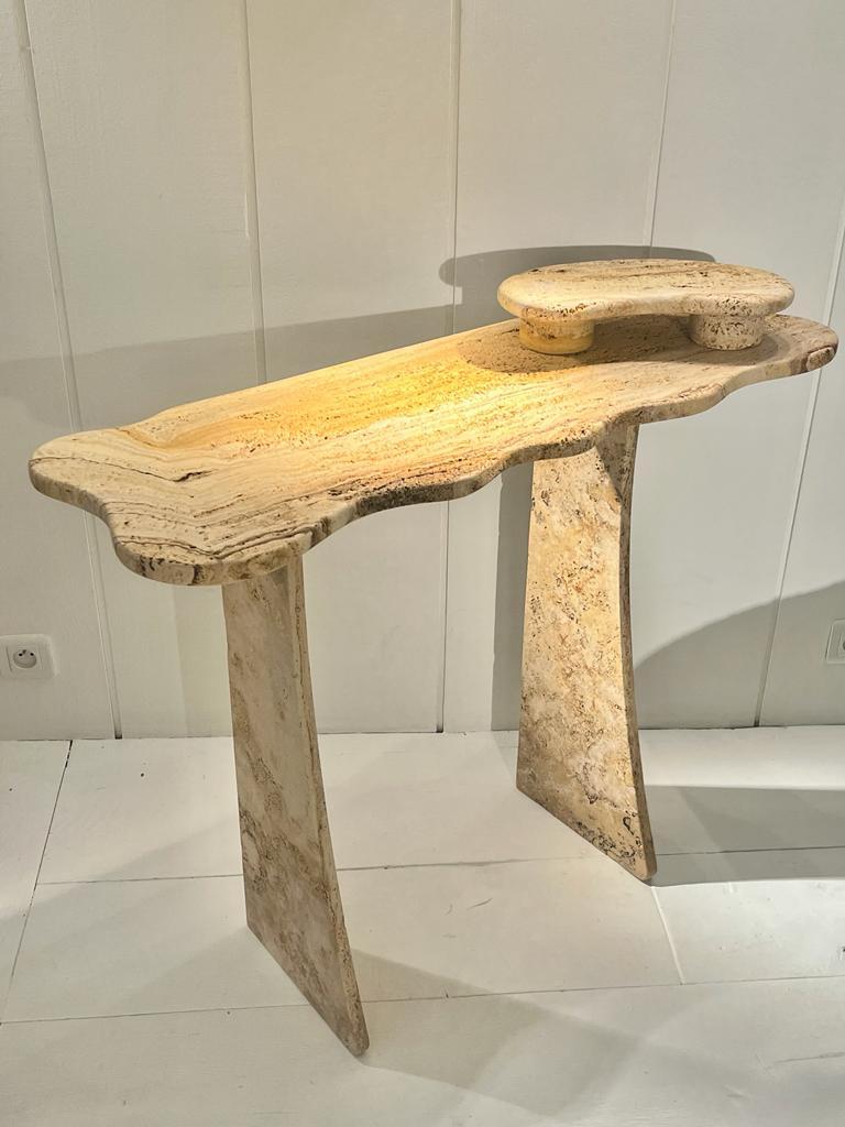 French Travertine marble console by Jean Frédéric Bourdier