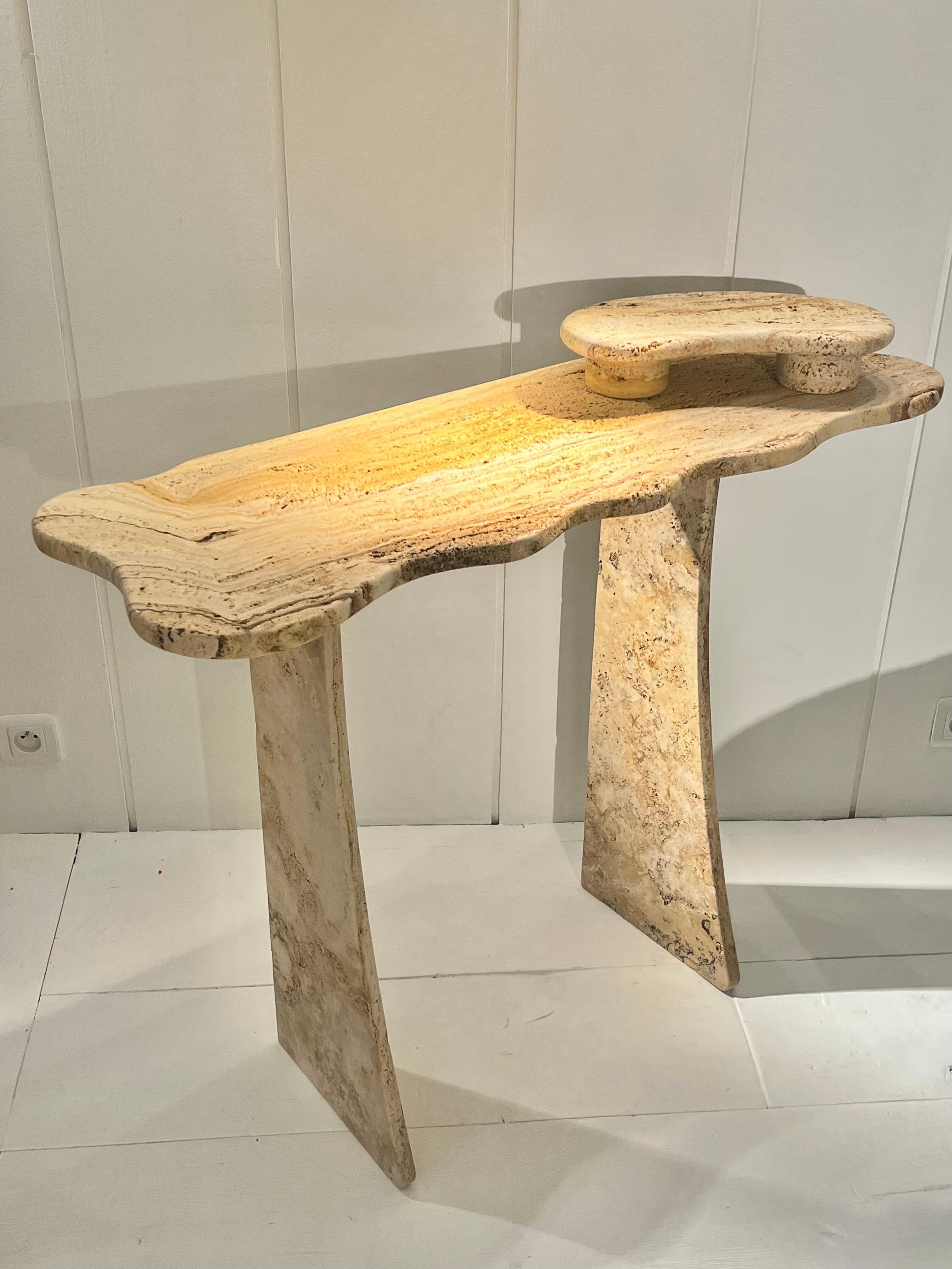 French Travertine marble console by Jean Frédéric Bourdier For Sale