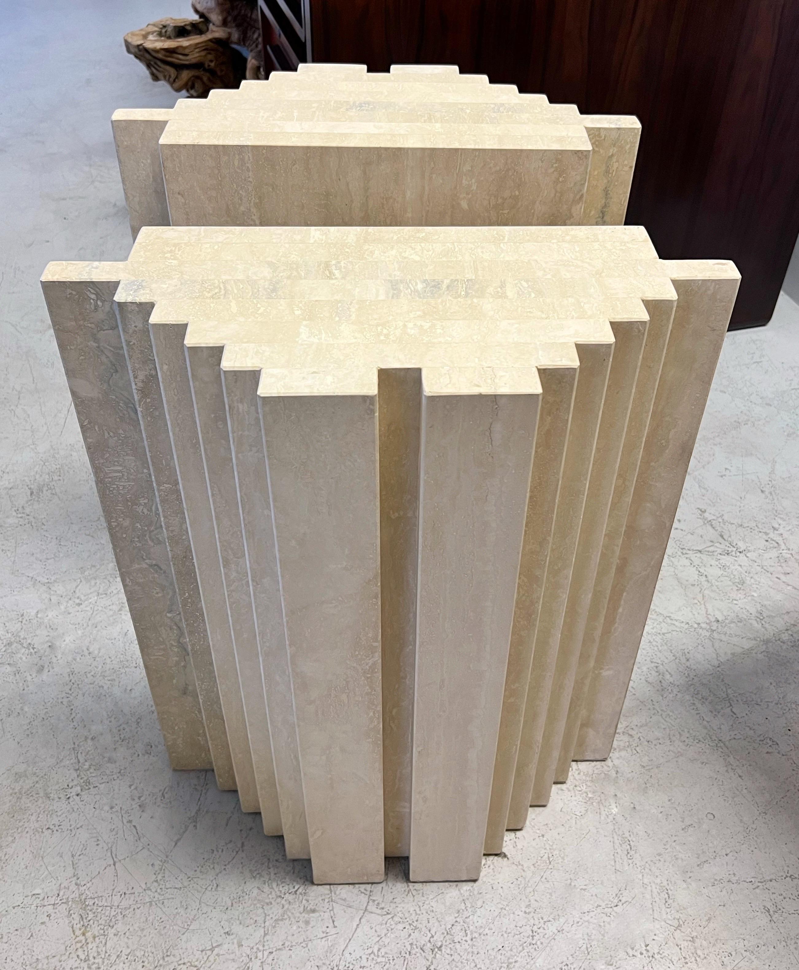 Wonderful solid travertine marble table or console bases. Very clean design, meticulously crafted. The stepped design is crisp and perfectly proportioned. 
Could be used for a large rectangular dining table as well as a round or oval. Or as one or