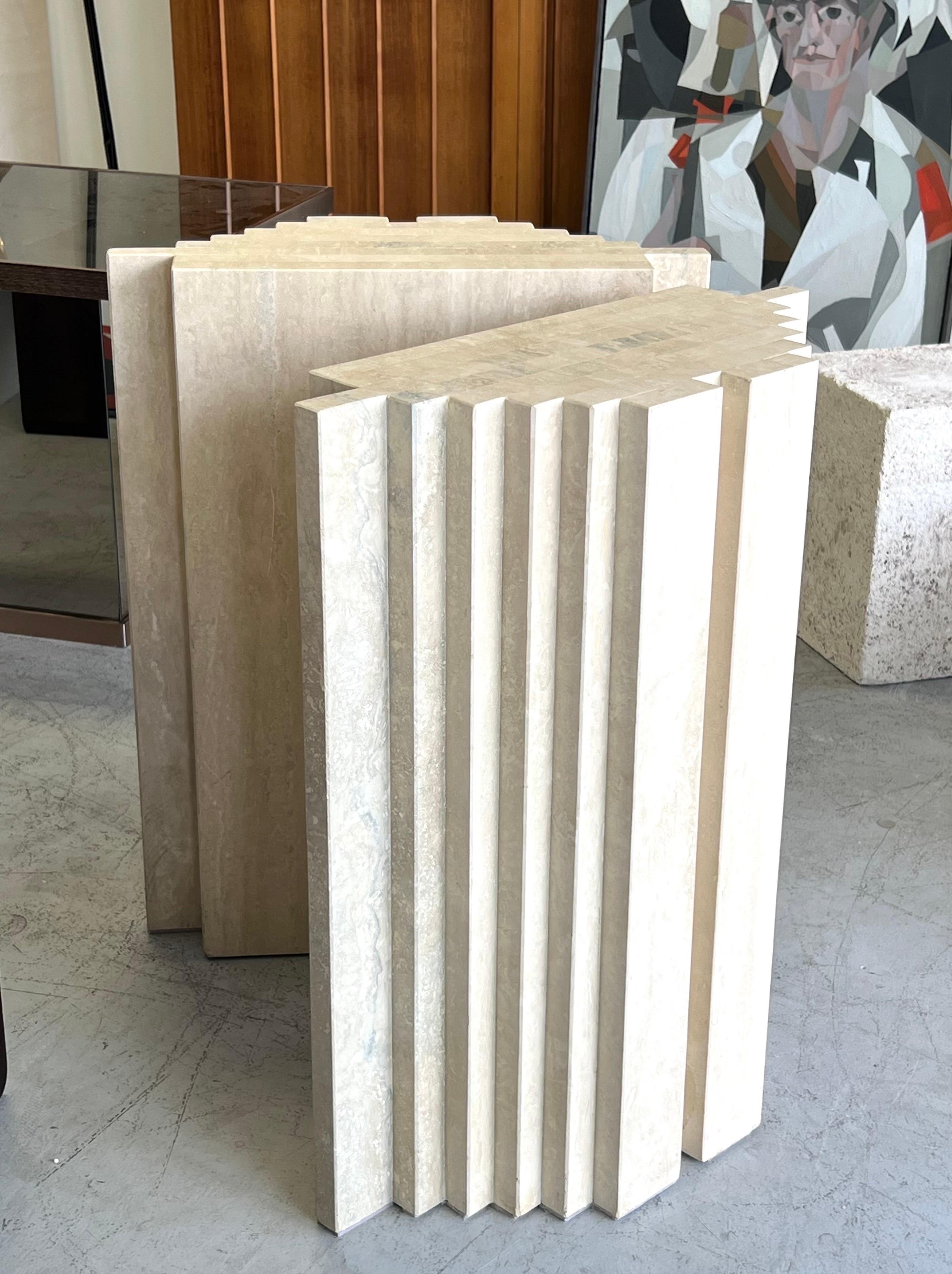 Travertine Marble Dining Table Console Bases Style of Carlo Scarpa, 1970s In Good Condition In Miami, FL