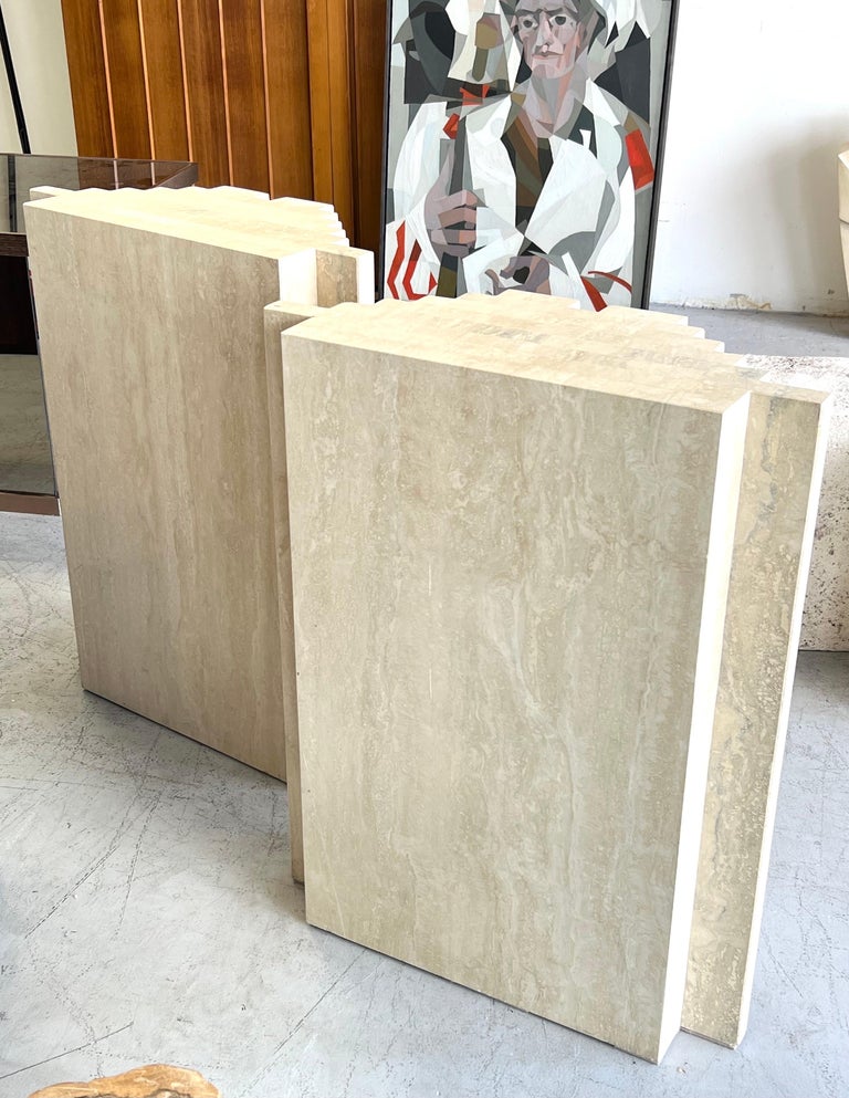 Travertine Marble Dining Table Console Bases Style of Carlo Scarpa, 1970s For Sale 1