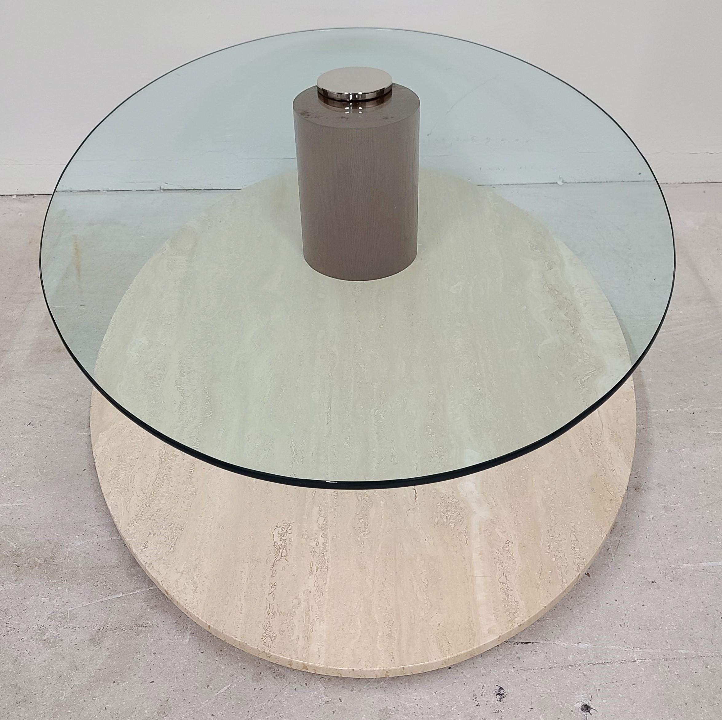 Travertine Marble & Glass Swivel Top Coffee Cocktail Table by Lion in Frost For Sale 5