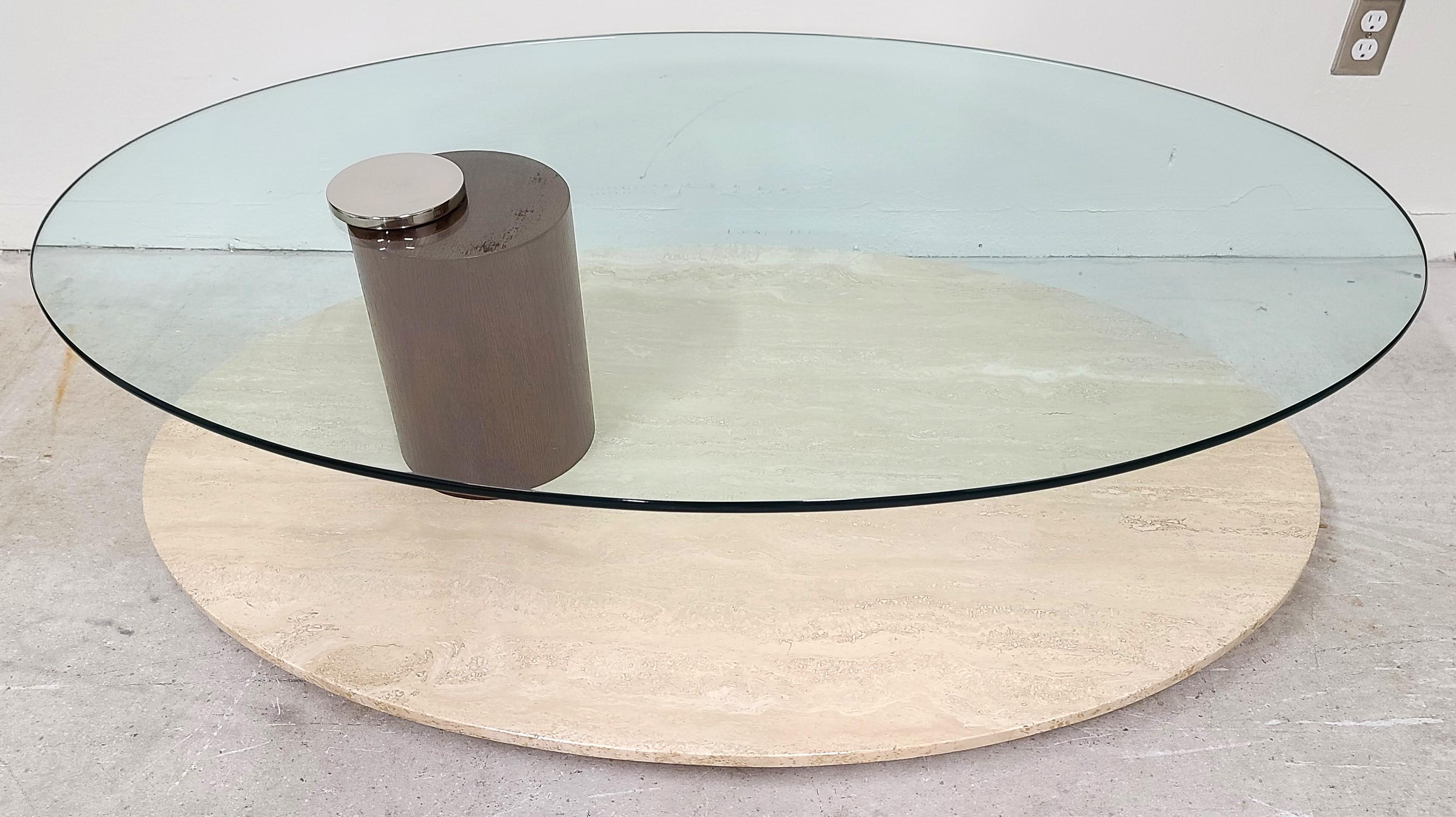 Mid-Century Modern Travertine Marble & Glass Swivel Top Coffee Cocktail Table by Lion in Frost For Sale