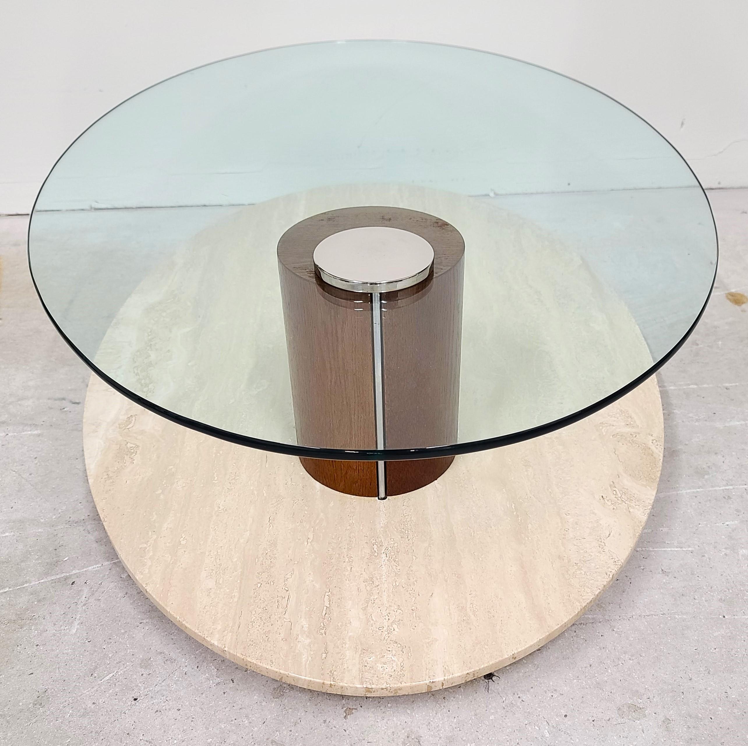 Fin du 20e siècle Table basse à plateau pivotant en marbre travertin et verre par Lion in Frost en vente