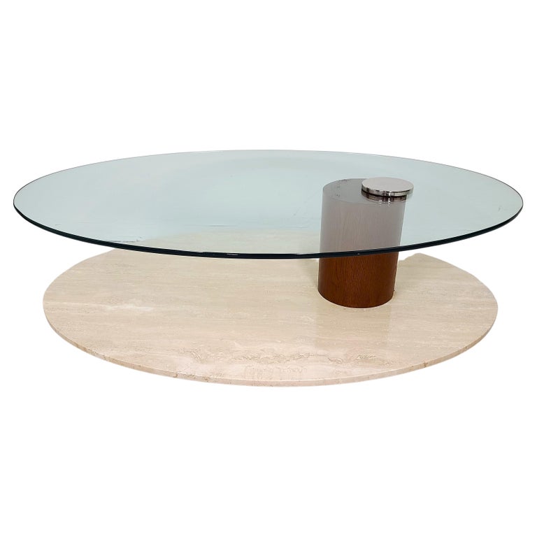 Travertine Marble and Glass Swivel Top Coffee Cocktail Table by Lion in