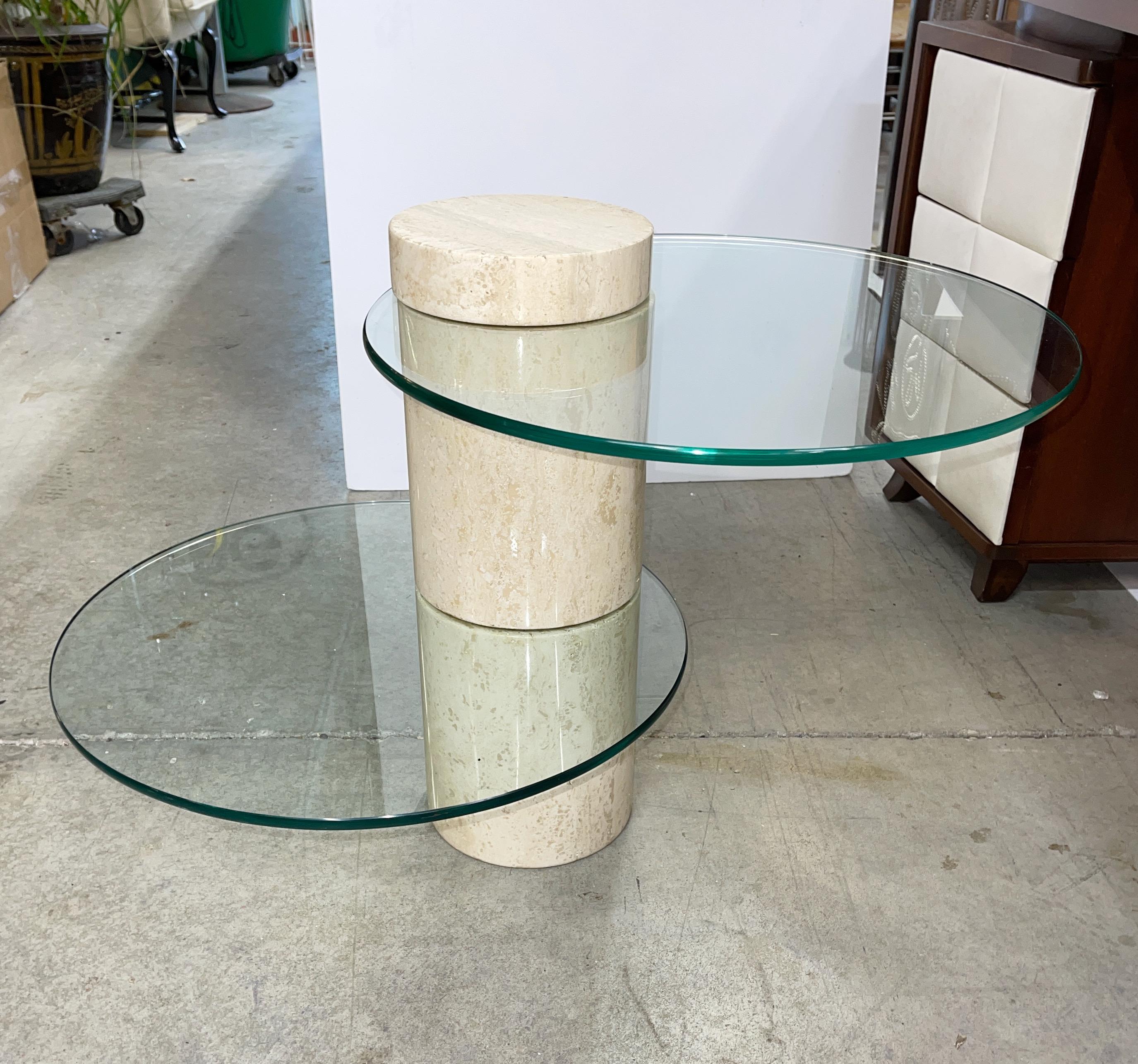 It seems nearly every decade of the 20th century has produced a version of this table concept, some adjustable, most not.
This version is from the late 1970's early 1980's and consists of three 8 inch diameter cylindrical segments of polished