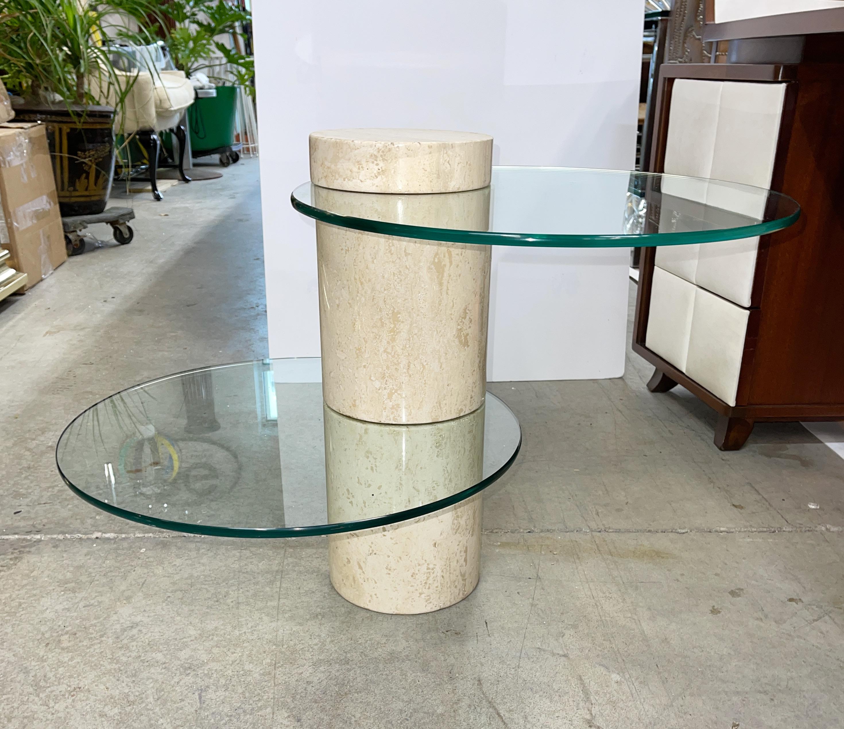 Modern Travertine Marble Occasional Table with Two Positionable Glass Tops For Sale