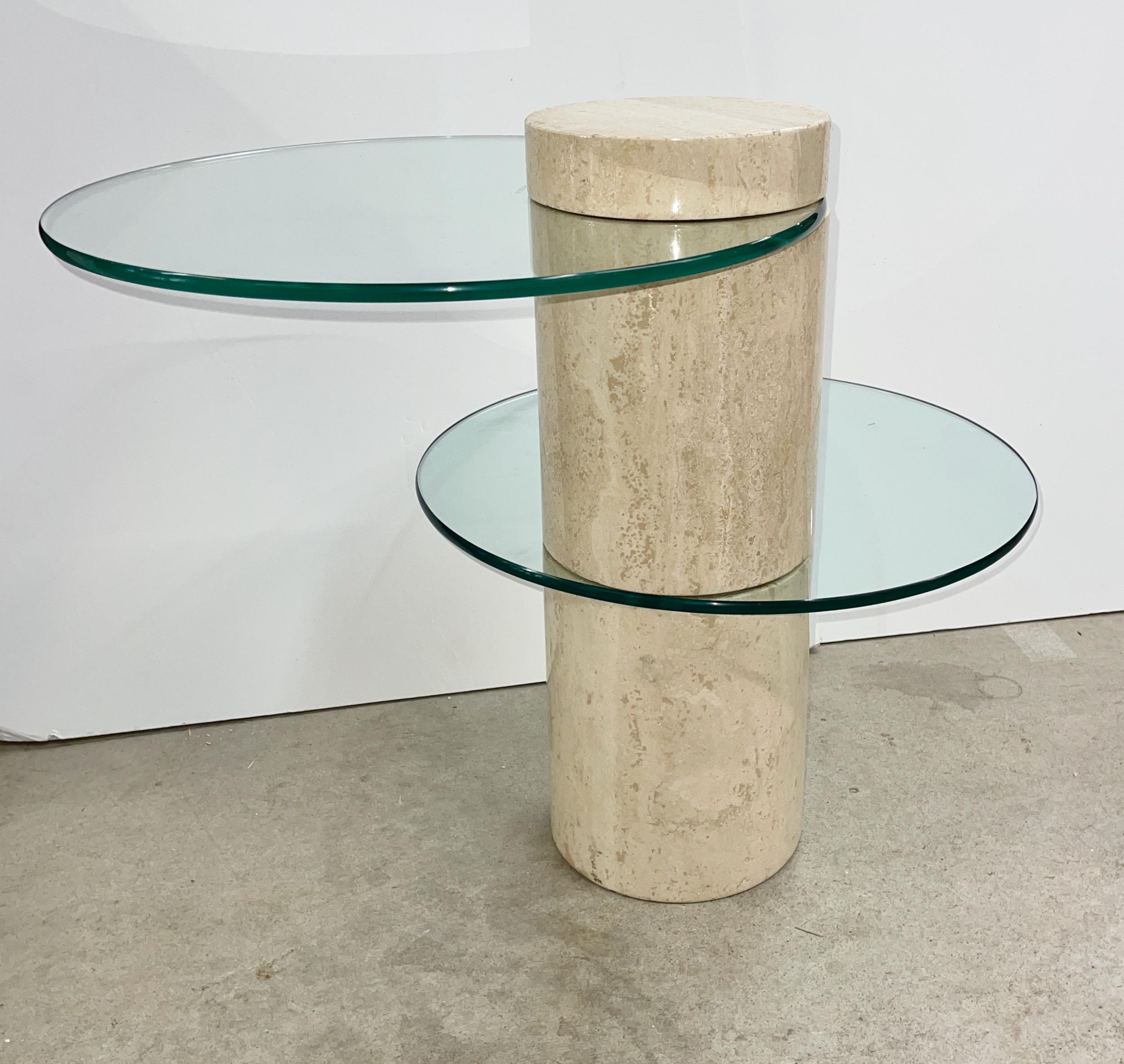 Italian Travertine Marble Occasional Table with Two Positionable Glass Tops For Sale