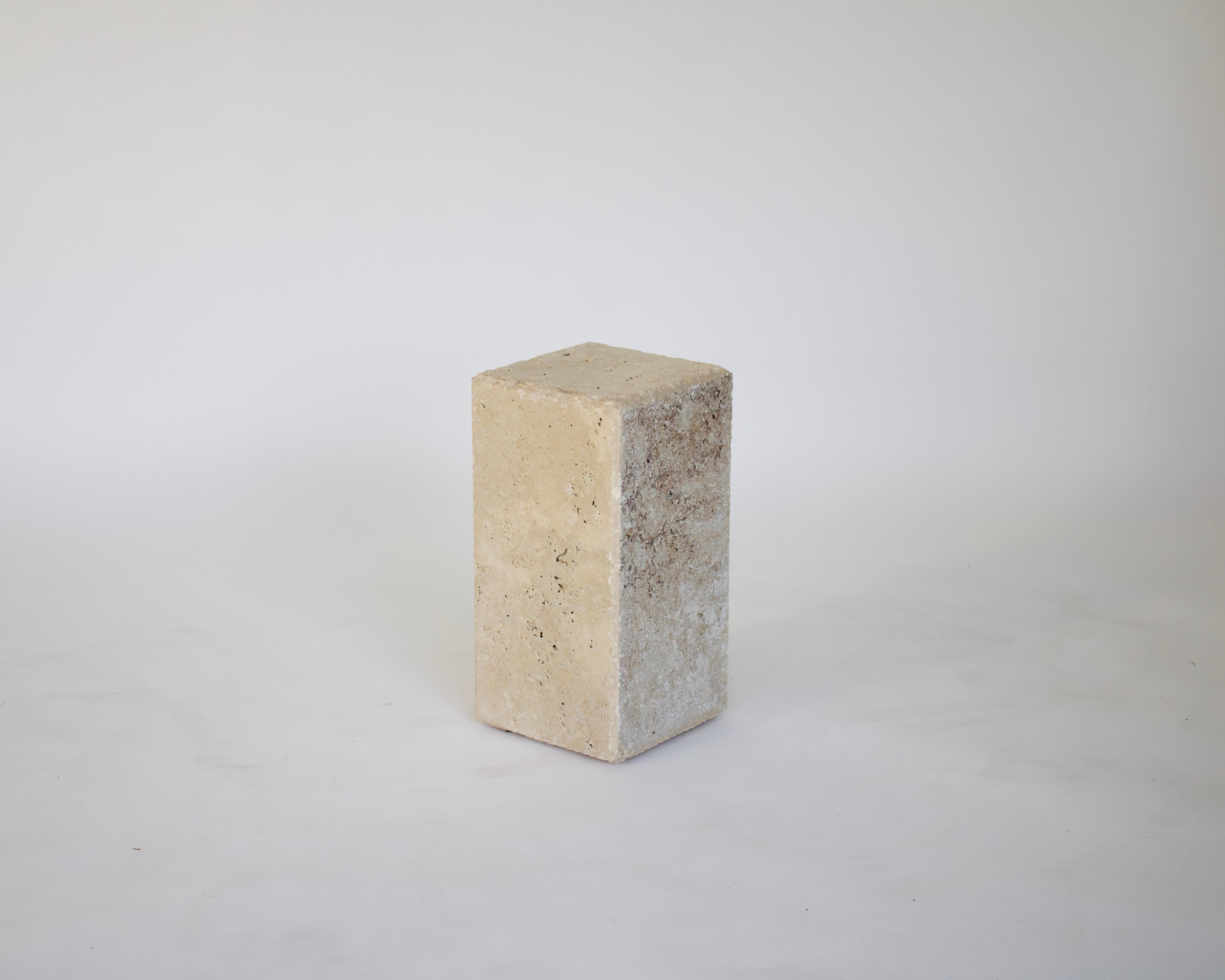 Organic Modern Travertine Marble Rectangular Tall or Drink Side Table Tower Table Chiseled Edge For Sale