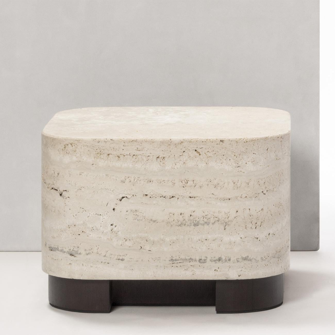 Side table travertine medium with solid walnut
base and with travertine carved marble top.