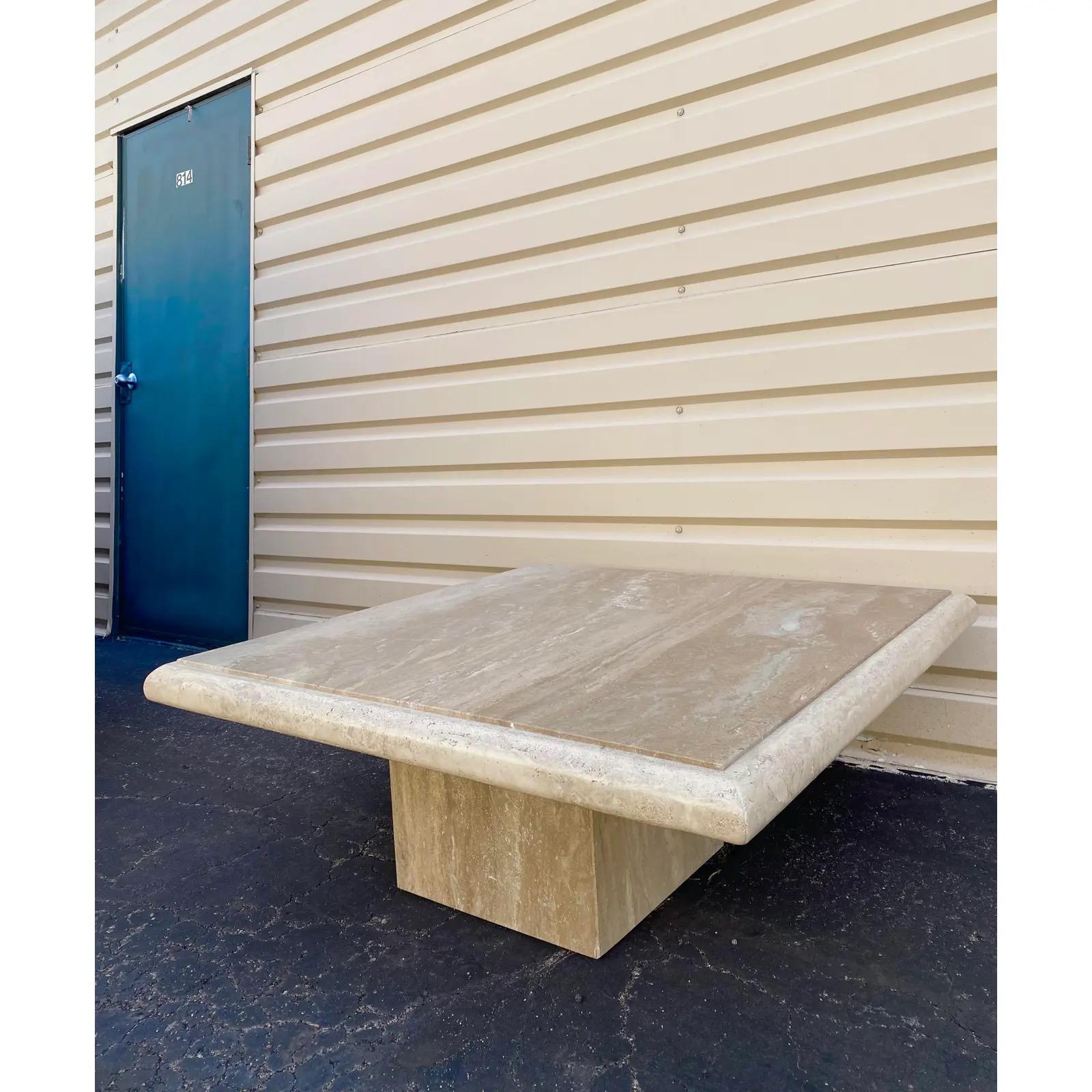 Travertine Minimalist 80s Square Cocktail Table  For Sale 2