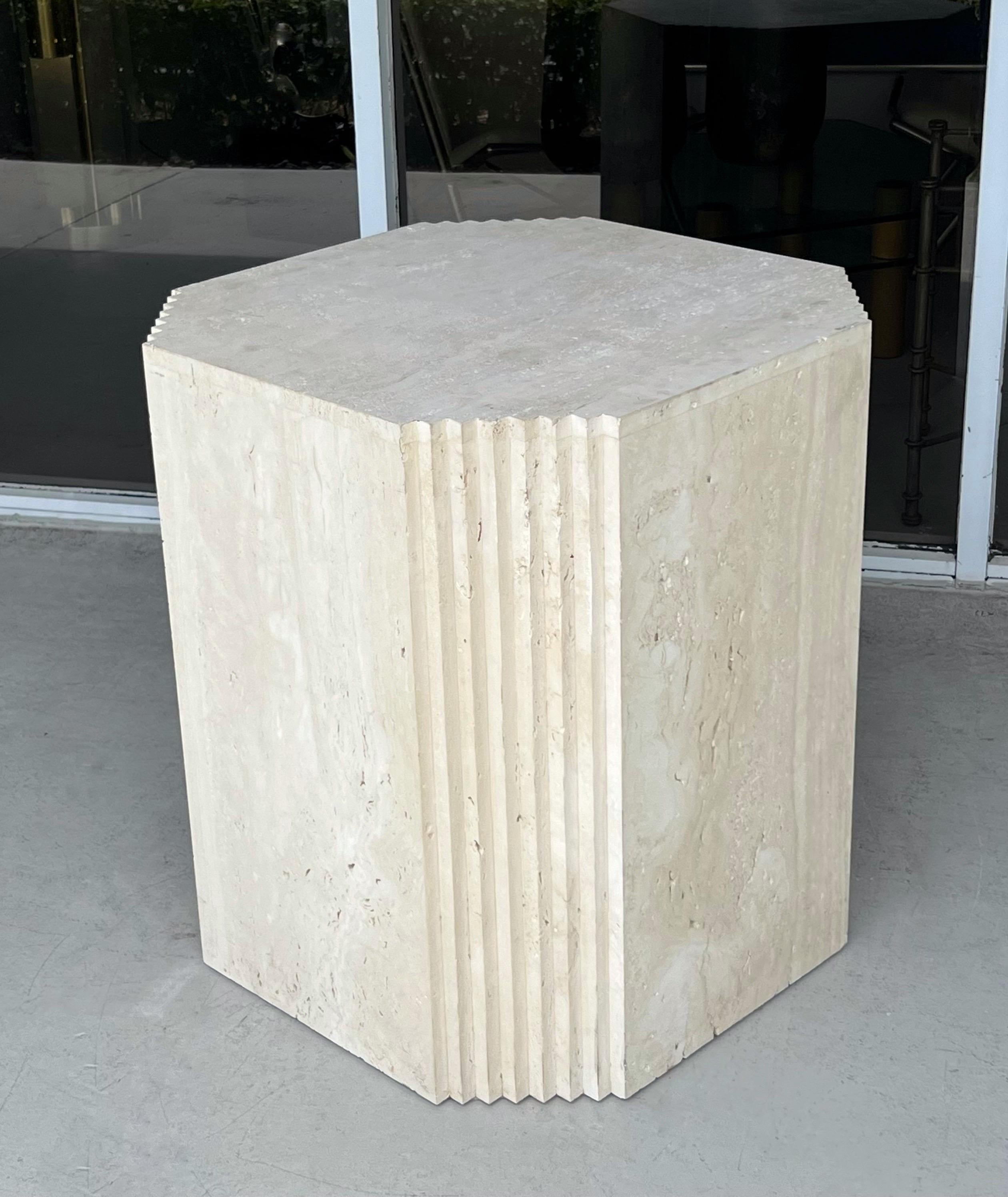Travertine Monolithic Dining Table Base Minimalist Stepped Deco Design In Good Condition In Miami, FL