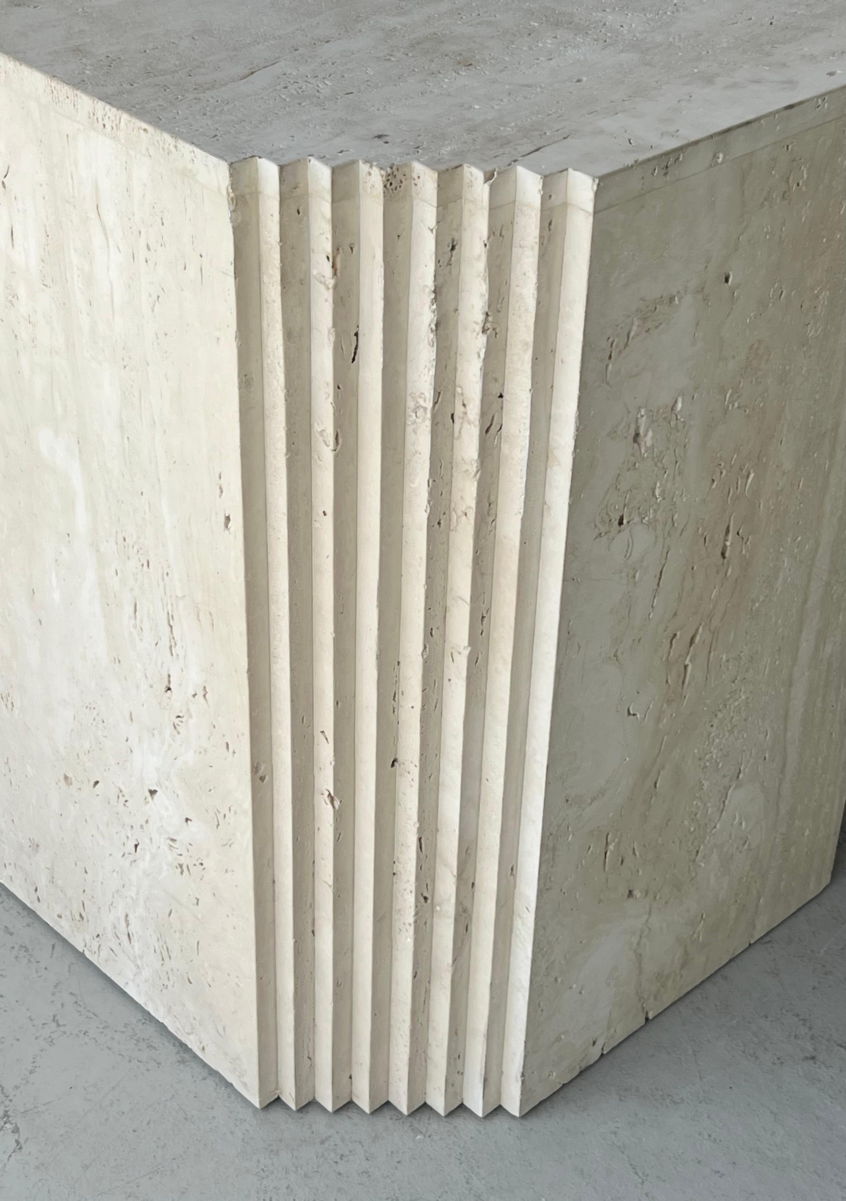 Late 20th Century Travertine Monolithic Dining Table Base Minimalist Stepped Deco Design
