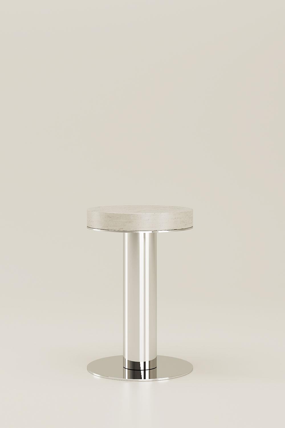 Travertine Nail Side Table by Andrea Bonini
Limited Edition
Dimensions: Ø 35 x H 60 cm.
Materials: Travertine marble and polished steel. 

Made in Italy. Limited series, numbered and signed pieces. Custom size or finish on request.  Also available
