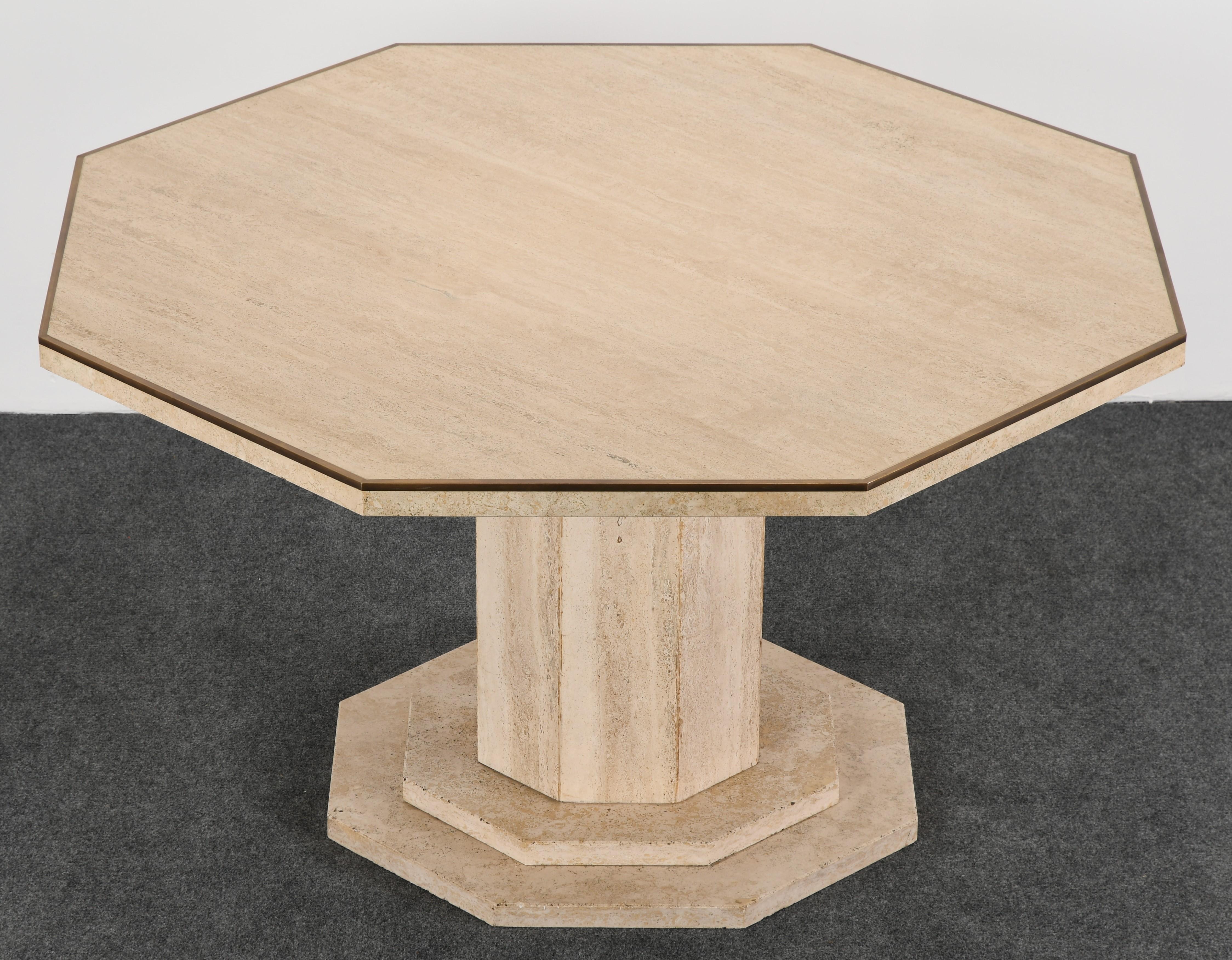 Mid-Century Modern Travertine Octagonal Dining Table with Brass Roche Bobois Style, 1970s